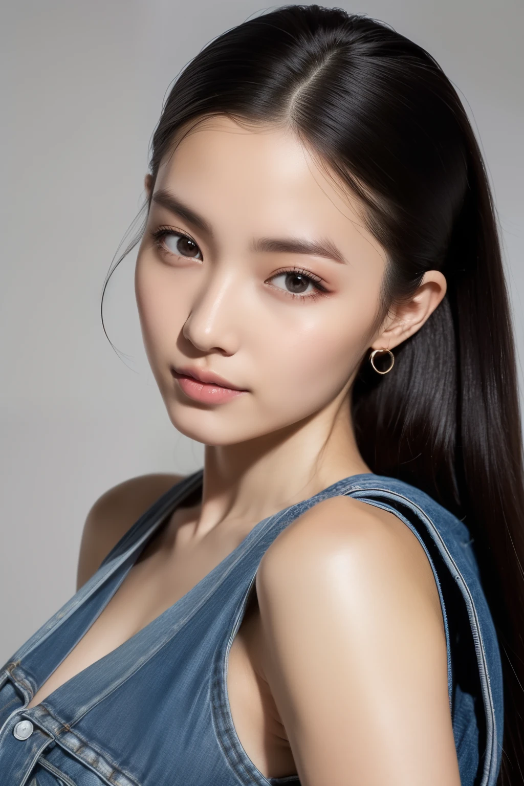 (8k,超高分辨率,Best quality,poster for,Very detailed faces,动态照明,Very detailed whole body,photography of)with fair skin,Glow with a healthy rosy,About one meter six five,The appearance is not stunning,It is a very attractive type,The eyebrows are gentle,A cordial smile,Like a big sister next door,About twenty-four or five years old,It is the most beautiful age for a woman,A towel was draped over her fair and slender neck,A black hairpin coils the hair,The upper body is a simple black stretch vest,Wear a pair of denim hot pants,Reveals long straight and fair legs,The sweat on his forehead is slightly reflected in the sun,With a wrench in his hand,Looks like it's just working。