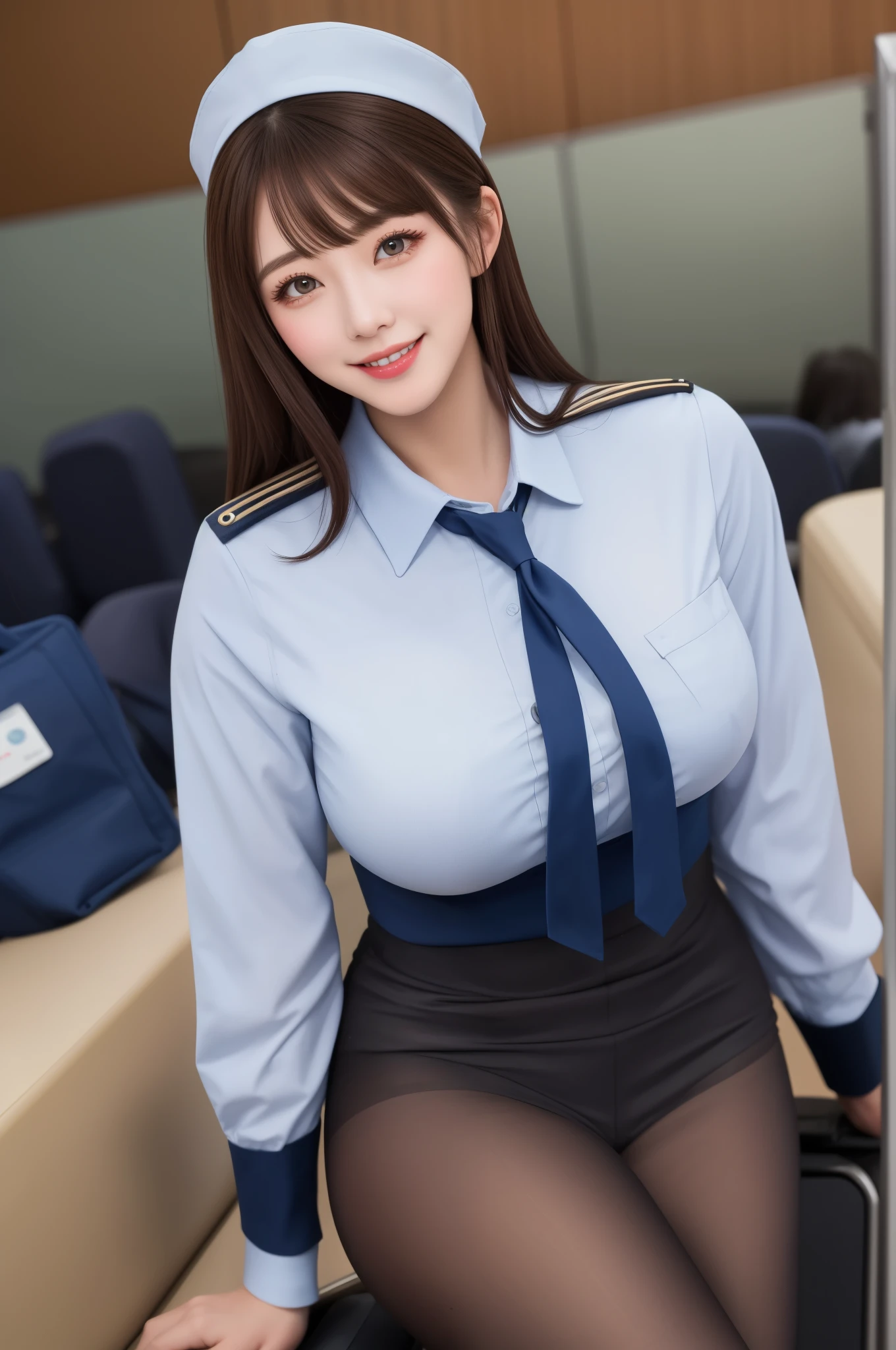 1lady solo, stewardess, (stewardess uniform) (garrison cap), mature female, /(brown hair/) bangs, blush kind smile, (masterpiece best quality:1.2) ultra-detailed, large breasts pantyhose BREAK /(airport lounge/) indoors
