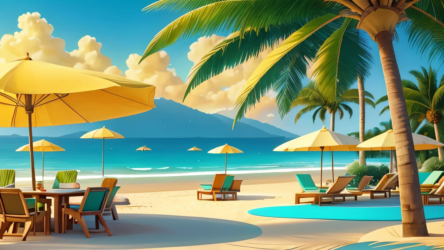 Sandy beach with crystal clear turquoise water, ondas suaves batendo contra a costa, golden sunlight casting a warm glow, palm trees swaying in a gentle breeze, colorful umbrellas that provide shade. ground level.