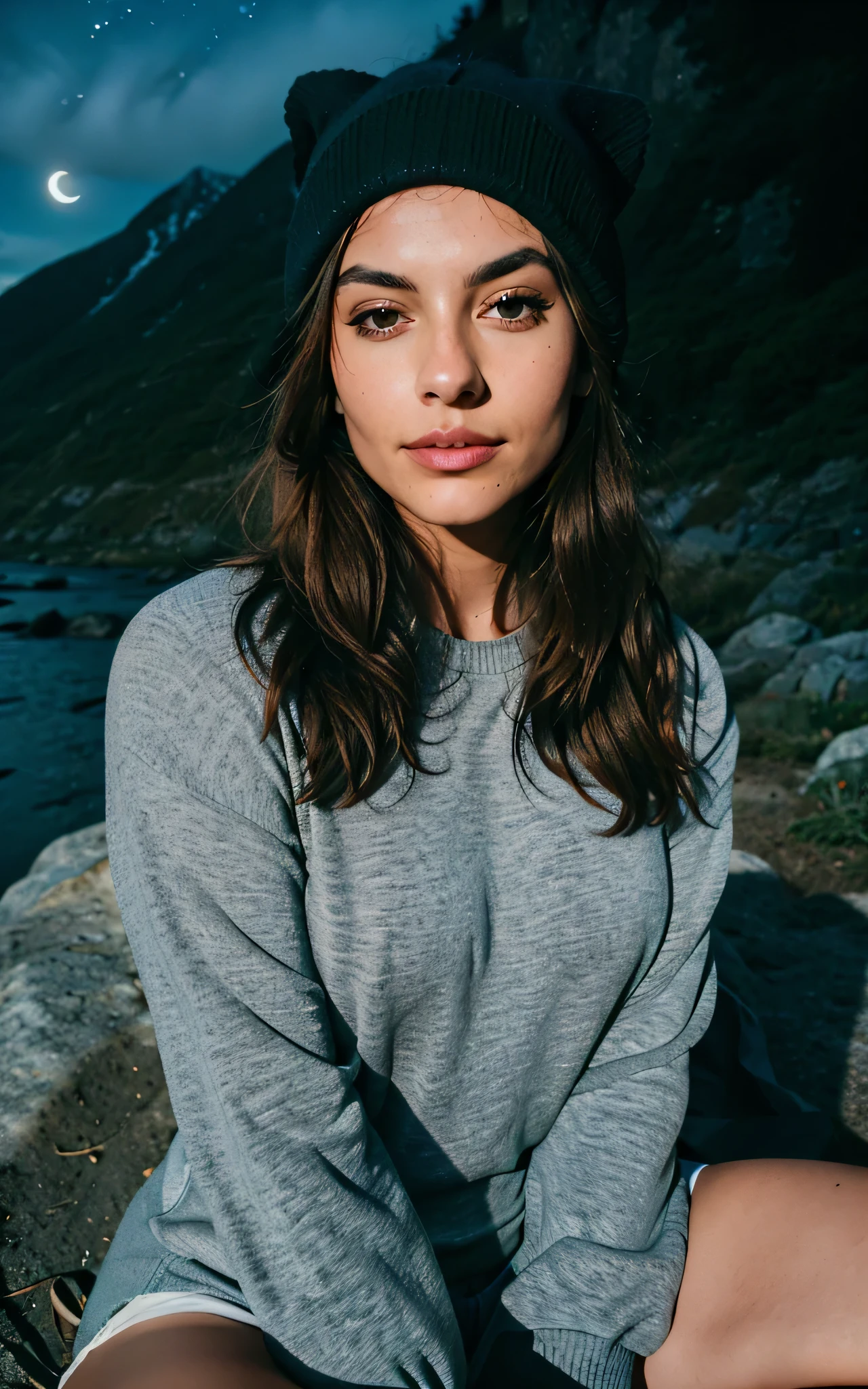 photorealistic, best quality, hyper detailed, beautiful woman, selfie photo, upper body, solo, wearing pullover, outdoors, (night), mountains, real life nature, stars, moon, (cheerful, happy), sleeping bag, gloves, sweater, beanie, flashlight, forest, rocks, river, wood, smoke, fog, clear sky, analog style, looking at viewer, skin texture, film grain, close up, ultra high res, best shadow, RAW, instagram LUT No hair in face,