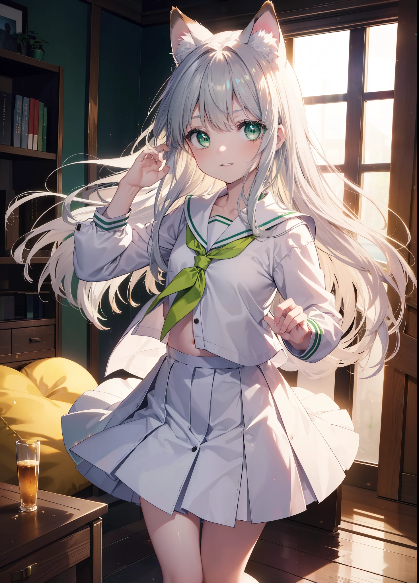 index, index, (green eyes:1.5), silver hair, long hair, (flat chest:1.2),smile,animal ears,Brown cat ears,brown cat tail,Japanese high school girl uniform(sailor suit)white cardigan,blue pleated skirt,short white socks,brown loafers,
break looking at viewer, Upper body, full body,
break indoors, In town,
break (masterpiece:1.2), highest quality, High resolution, unity 8k wallpaper, (figure:0.8), (beautiful and fine eyes:1.6), highly detailed face, perfect lighting, Very detailed CG, (perfect hands, perfect anatomy),