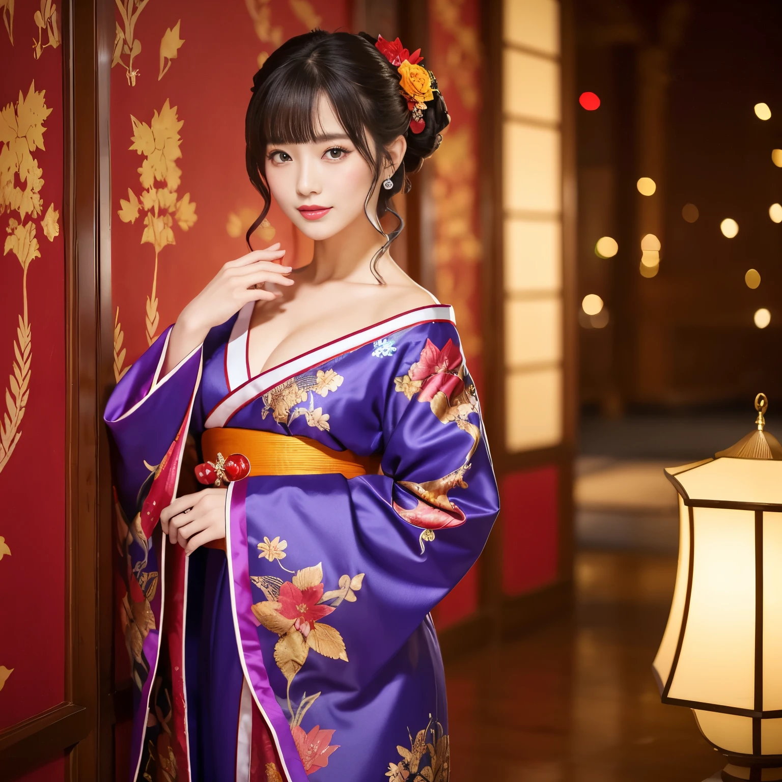 (highest quality、table top、8K、best image quality、Ultra high definition、Award-winning work)、one courtesan、The most gorgeous blue courtesan furisode、Flashy and vivid furisode of the highest quality、The finest long-sleeved kimono with a huge floral pattern、bewitching courtesan、A courtesan full of sex appeal、very sexy courtesan、(Furisode with huge floral pattern:1.1)、Furisode with slight golden decoration、lots of gorgeous big hair ornaments、smile looking at me、bright red lips、red eyeshadow、Small cleavage、(exposed bare shoulders、expose one's shoulders、expose one's shouldersVネックの振袖)、chignon、Furisode with the most gorgeous and intricate floral pattern、(Bright red walls and shoji walls:1.1)、(Shoji with autumn leaves decoration:1.1)、(Beautiful red autumn leaves:1.1)、The most luxurious giant hairpin、red autumn leaves decoration、(Shoji screen decorated with autumn leaves:1.1)、Strong moody lighting from red luxury lanterns、One Japanese-style high-class red lantern、(bright red carpet:1.1)、Furisode with extremely intricate and huge floral pattern、accurate anatomy、The most intricate and gorgeous pattern、Ultra high definitionの艶と潤いのある美肌、Ultra high definitionの美しい顔、Ultra high definitionの煌めく瞳、Ultra high definitionの完璧な歯、Ultra high definitionの髪の毛、Ultra high definitionの艶のある赤い唇、(The long-sleeved kimono is decorated with a huge floral pattern in pink, purple, and blue.:1.2)、(Mr.々A long-sleeved kimono decorated with brightly colored floral patterns:1.1)、(The most vivid and colorful giant floral decoration:1.1)、((huge colorful floral decoration、huge blue floral pattern、huge purple floral pattern、huge pink floral pattern、giant orange flower pattern))、elegant Japanese room、solo
