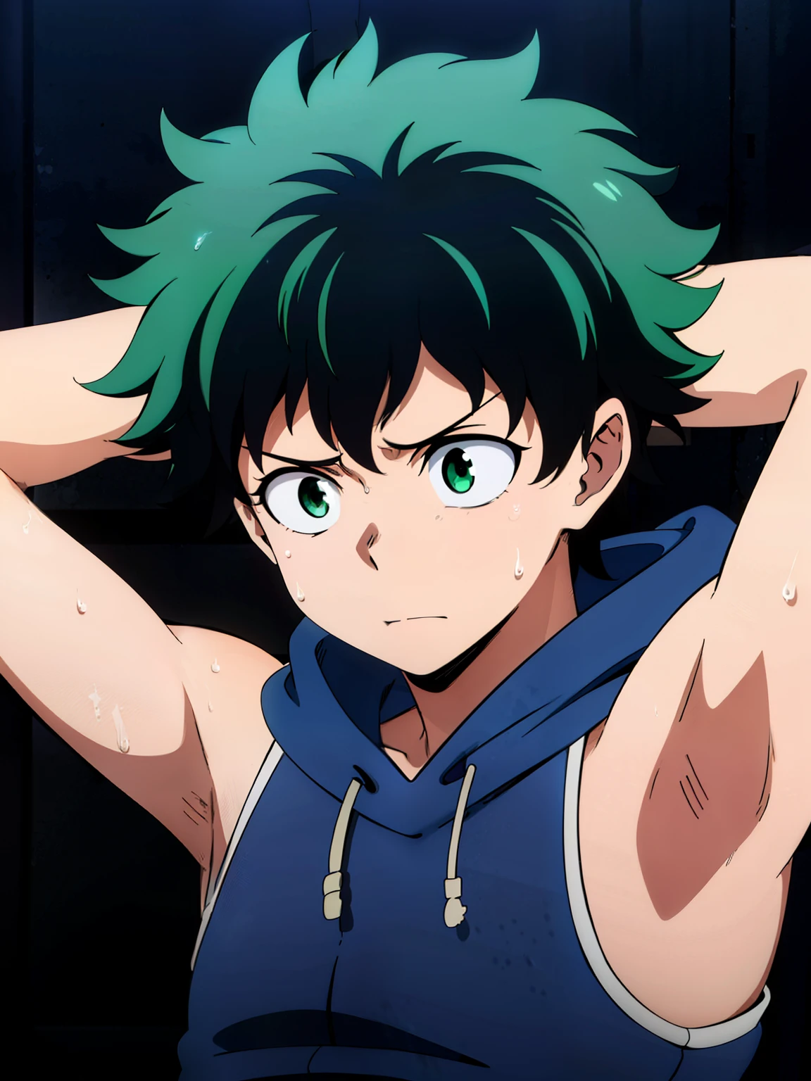 Highres, Masterpiece, Best quality at best,Best Quality,hight quality, hight detailed, Izuku Midoriya, Green hair, Green eye, 1boy, Boy, Sleeveless hoodie, (Showing armpit:1.3), (very young boy), (very small and short body), 12-Year-Old-Boy, Sweat, Simple beckground