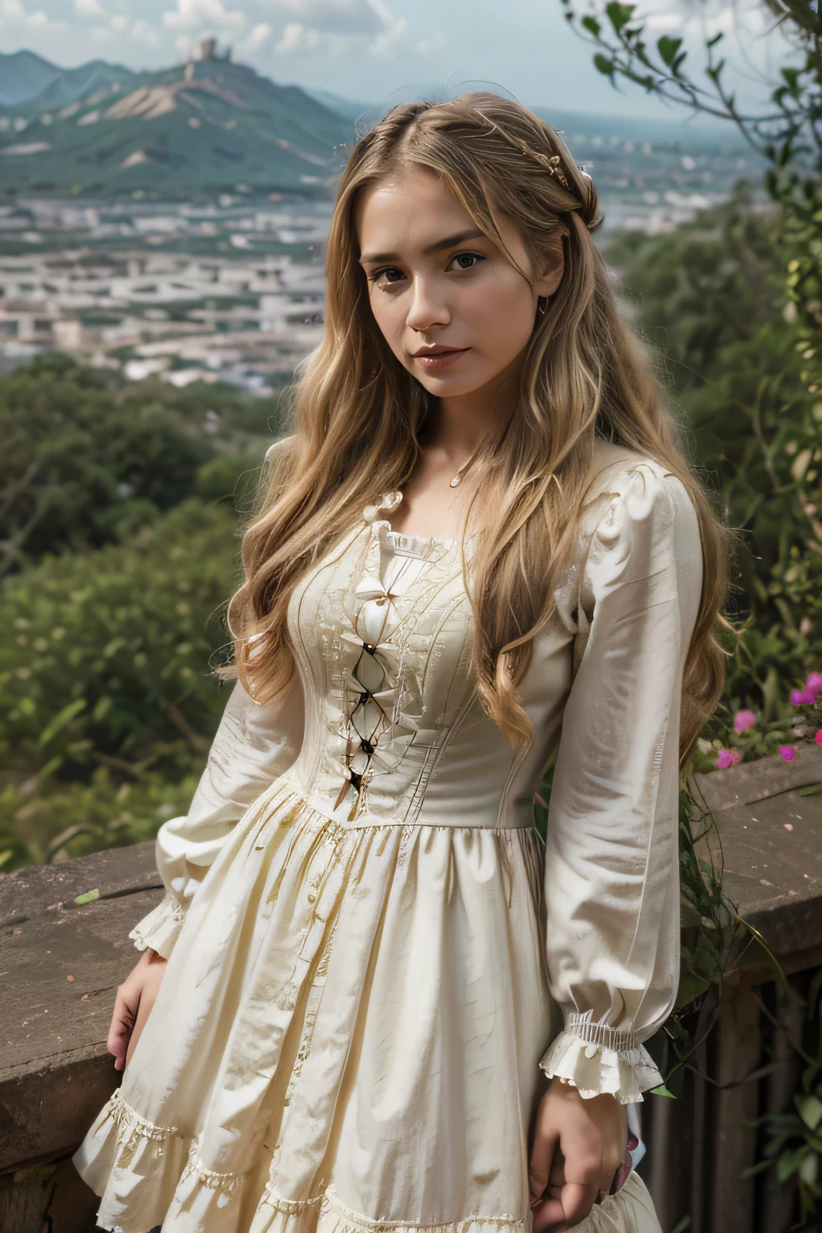 A Victorian girl, blonde wavy hair, (calidad media, 1080 megapixels, media Resolucion, half resolution:1.2), (profesional, realista, fotorrealista:1.37), in the mountias, standing on the top of a mountian (energetic), (con auriculares puestos)