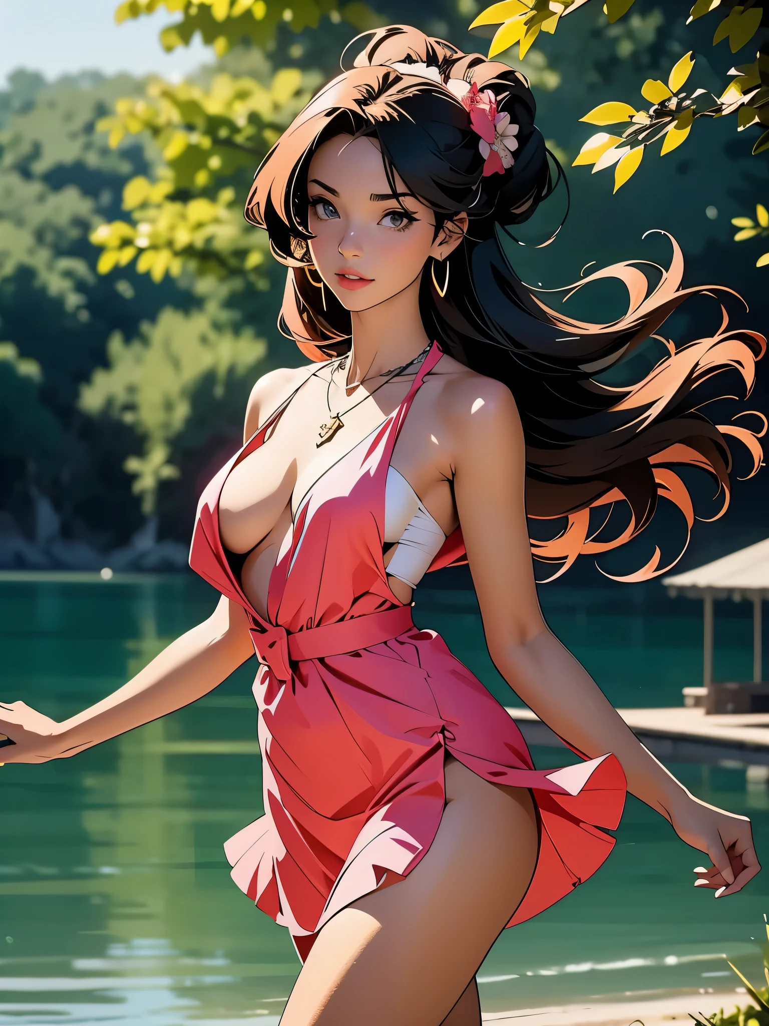 a beautiful, provocative girl with a sexy, slim body in a flowy short dress in flamenco style walks along a lake. a sudden gust of wind blows her dress up, revealing her tiny panties. she also wears nylons and suspenders and high heels. she has beautiful full breasts and full lips. she wears round earrings and a colorful necklace, flat colors, cel shading, (anime:1.4)