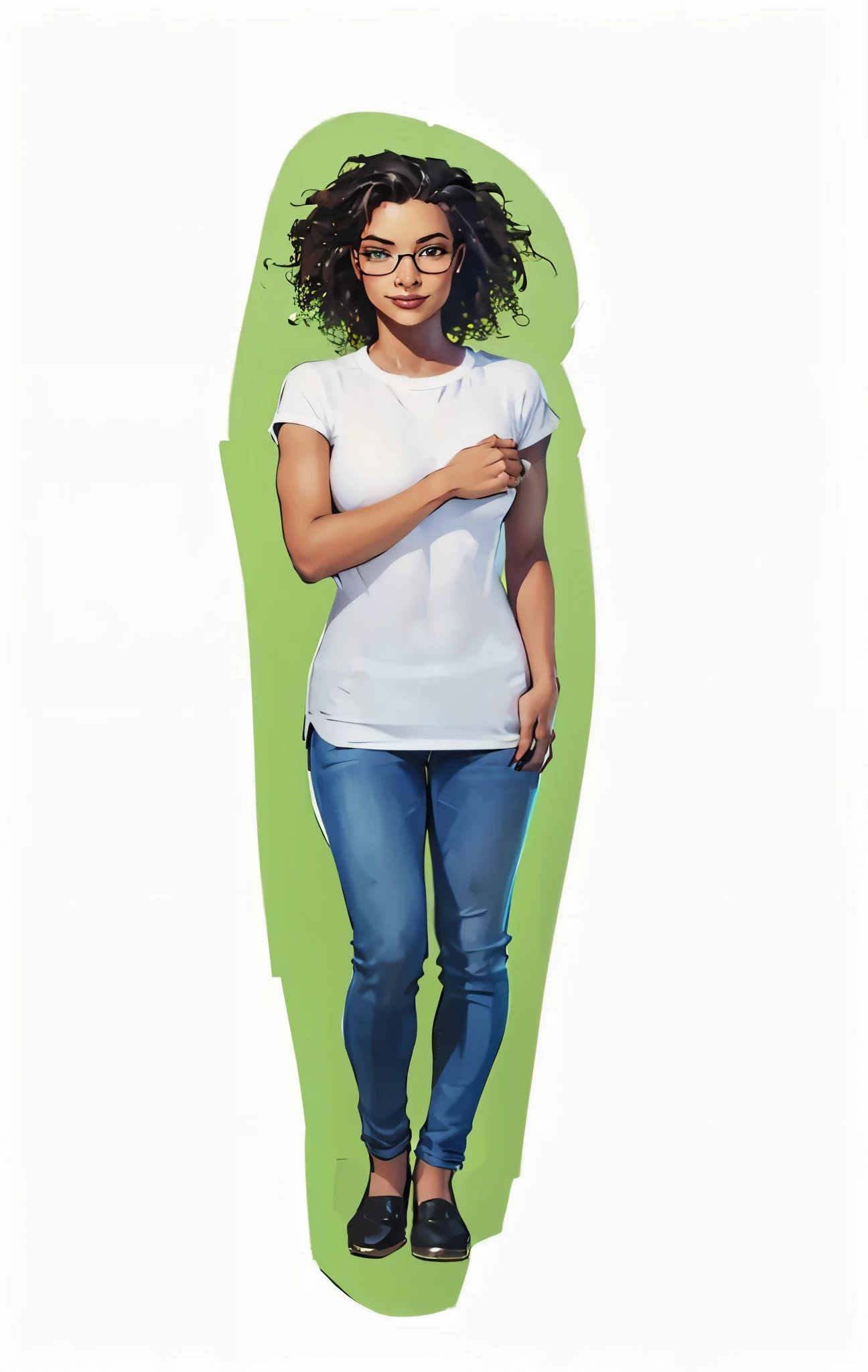 smiling Woman black, in digital painting style, no backgrond smiling, with glasses