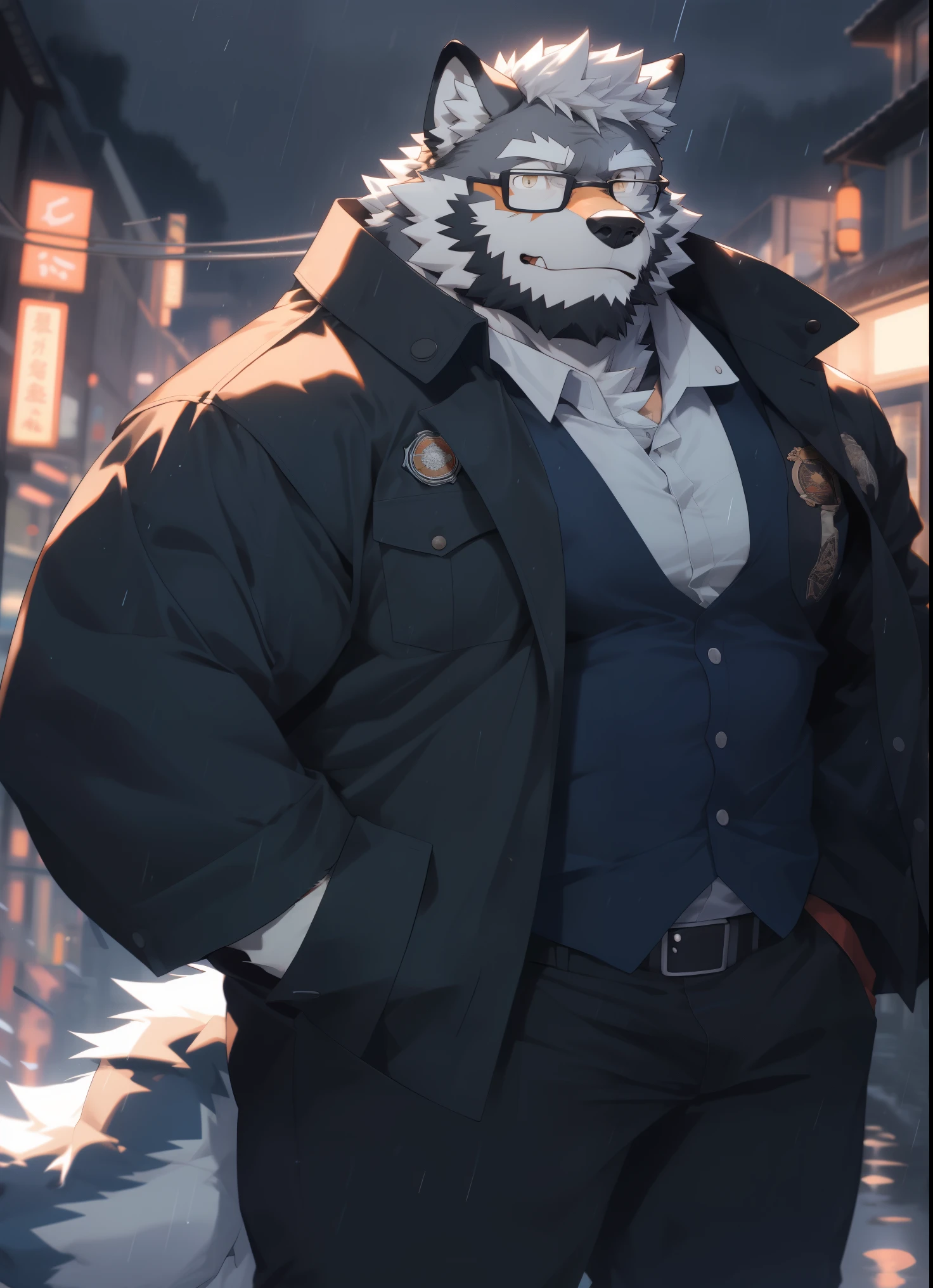 hairy,(Wolf,Black-rimmed glasses,Orange Firefighter Clothing),beard,white fur,male,Common,full body picture, dynamic poses,smirk,rainy day,night,dark night,detailed background,极其lifelike阴影,masterpiece,Very detailed,lifelike