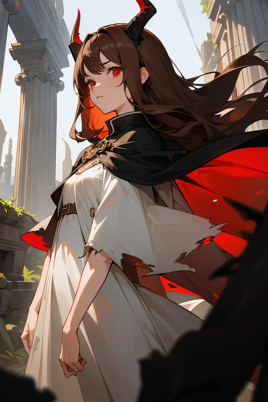 1 girl, 19 years old, tall, long brown hair, red eyes, black straight horns, white dress, black cape, old torn clothes, ancient ruins, chest