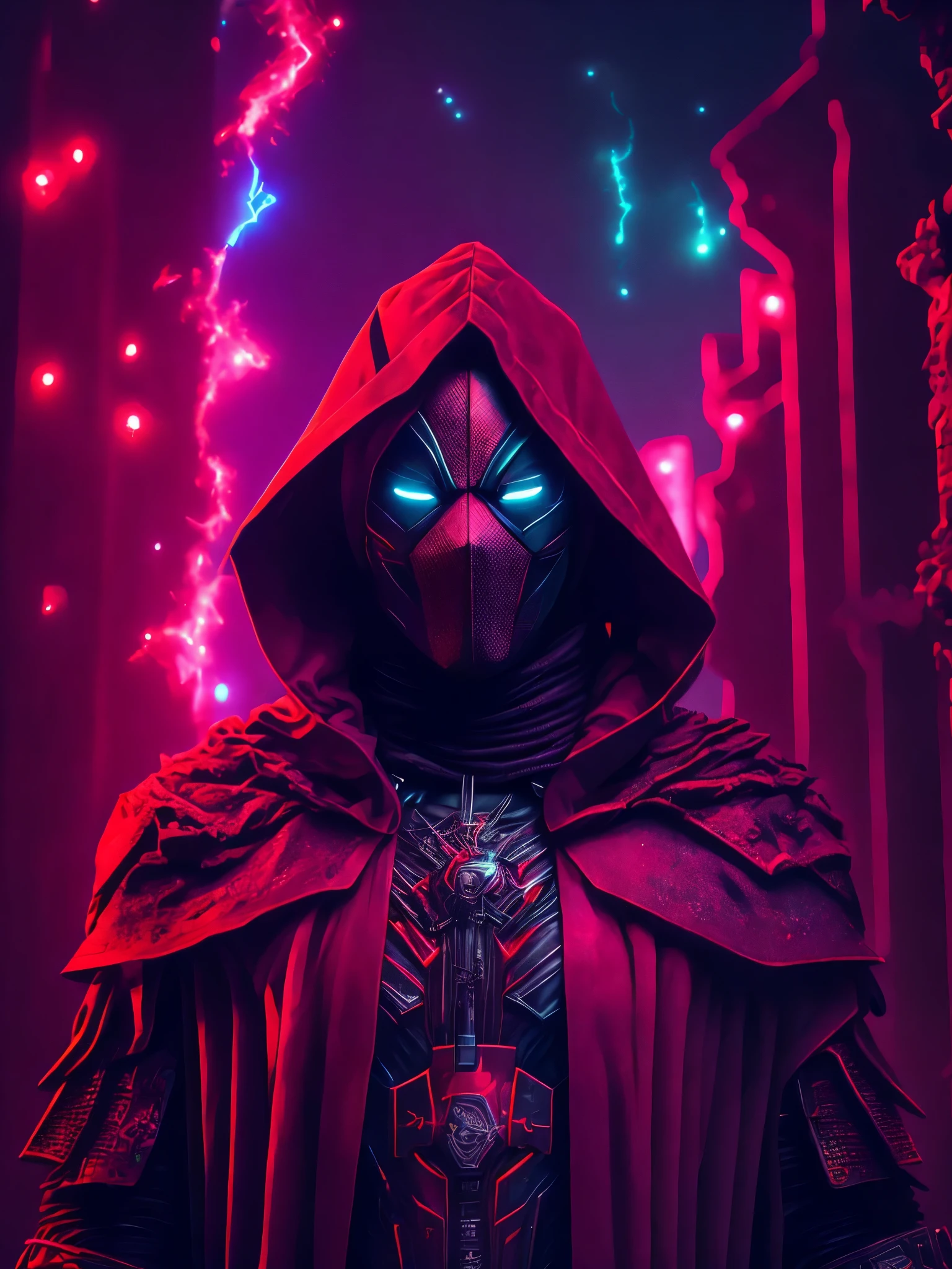 Reaper portrait from Marvel dressed as Deadpool with intricate angular cybernetic implants inside a brutalist building, gothic brutalist graveyard, cyberpunk, Foto premiada, Bokeh, Neon lights, cybernetic, fireworks in the background.