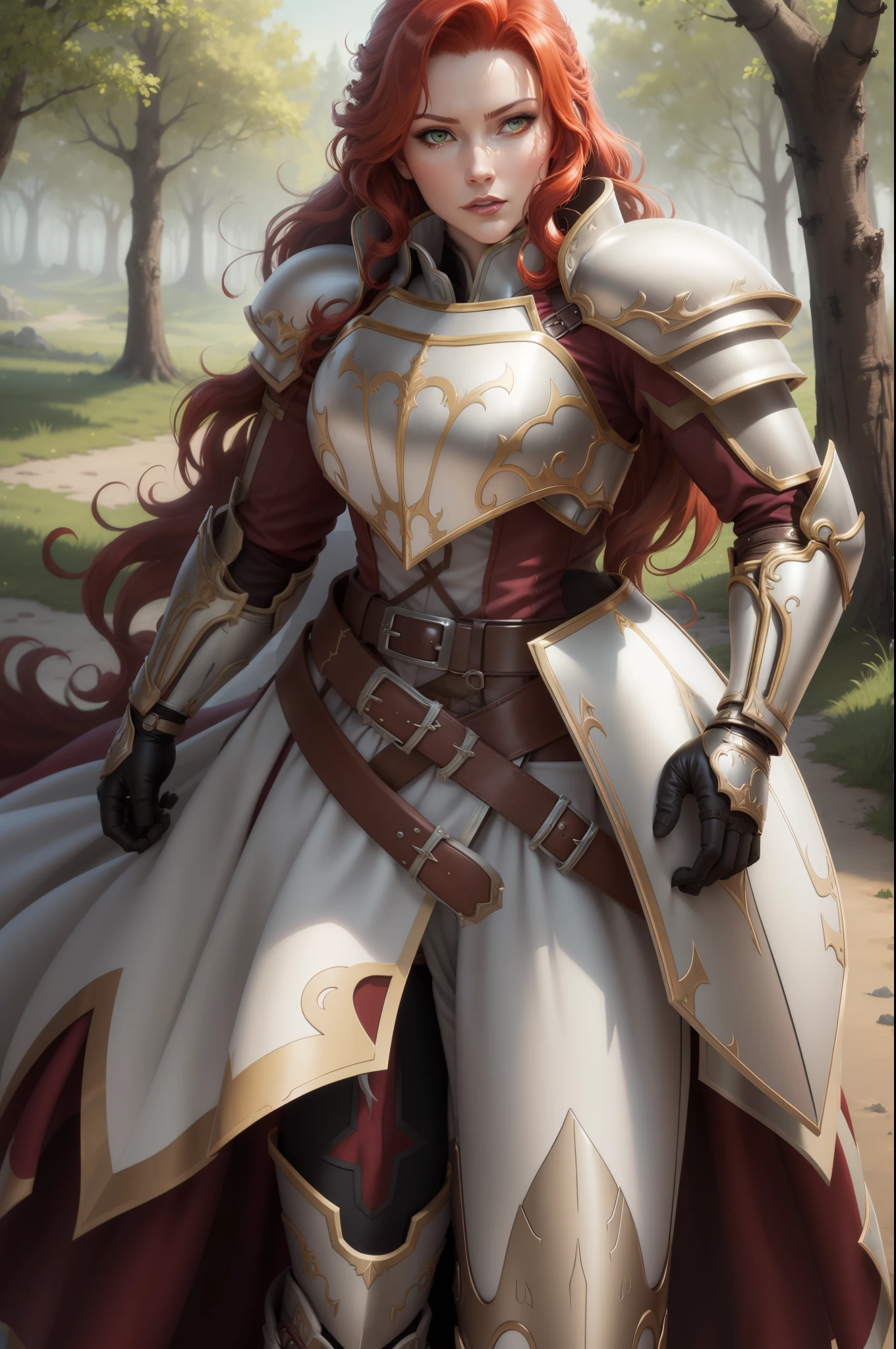 masterpiece, best quality, titania, armor, red dress, belt, gauntlets, gloves, armored boots, forest, looking at viewer, walking, arms at sides, looking at viewer 