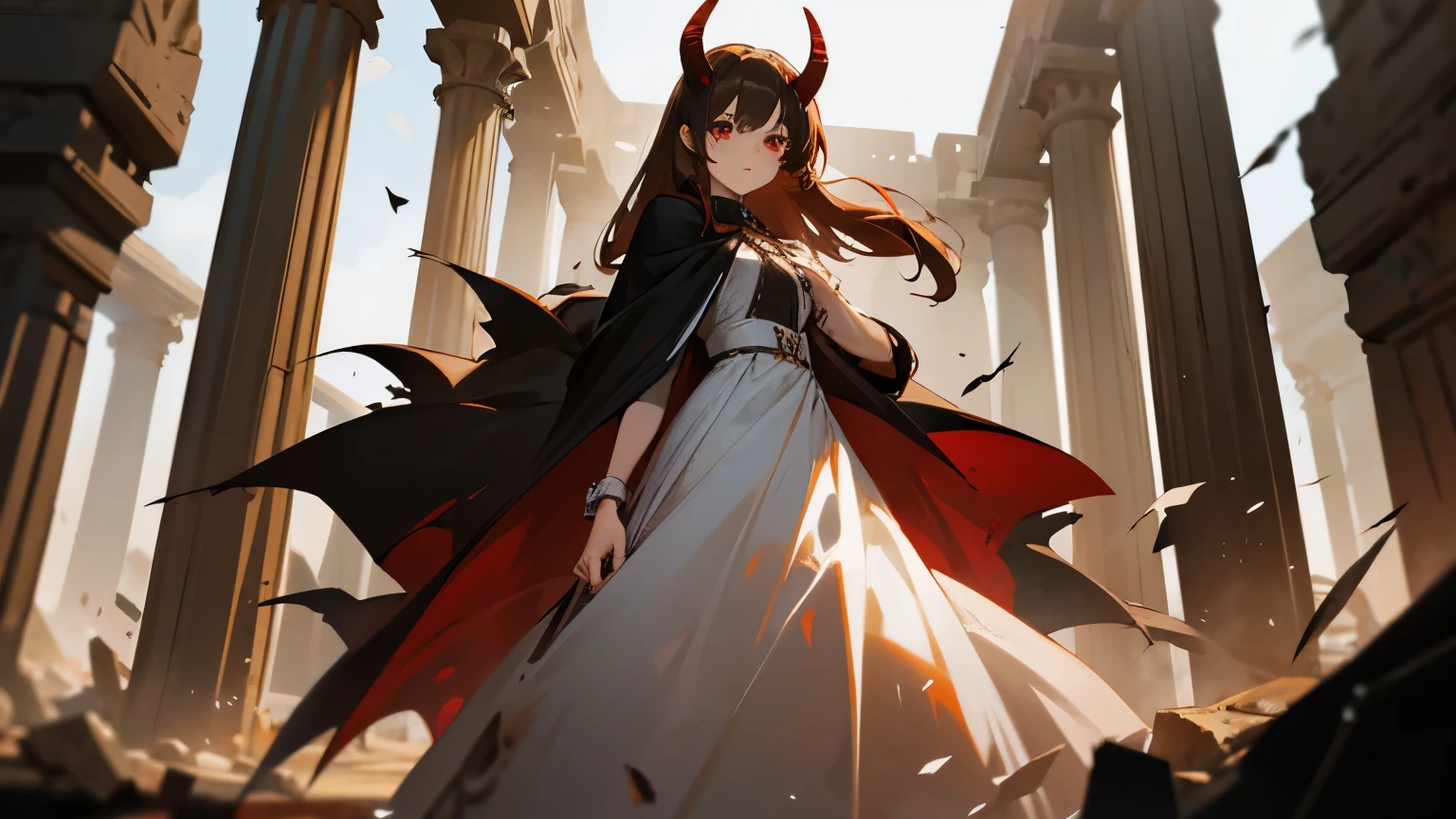 1 girl, 19 years old, tall, long brown hair, red eyes, black straight horns, white dress, black cape, old torn clothes, ancient ruins, chest