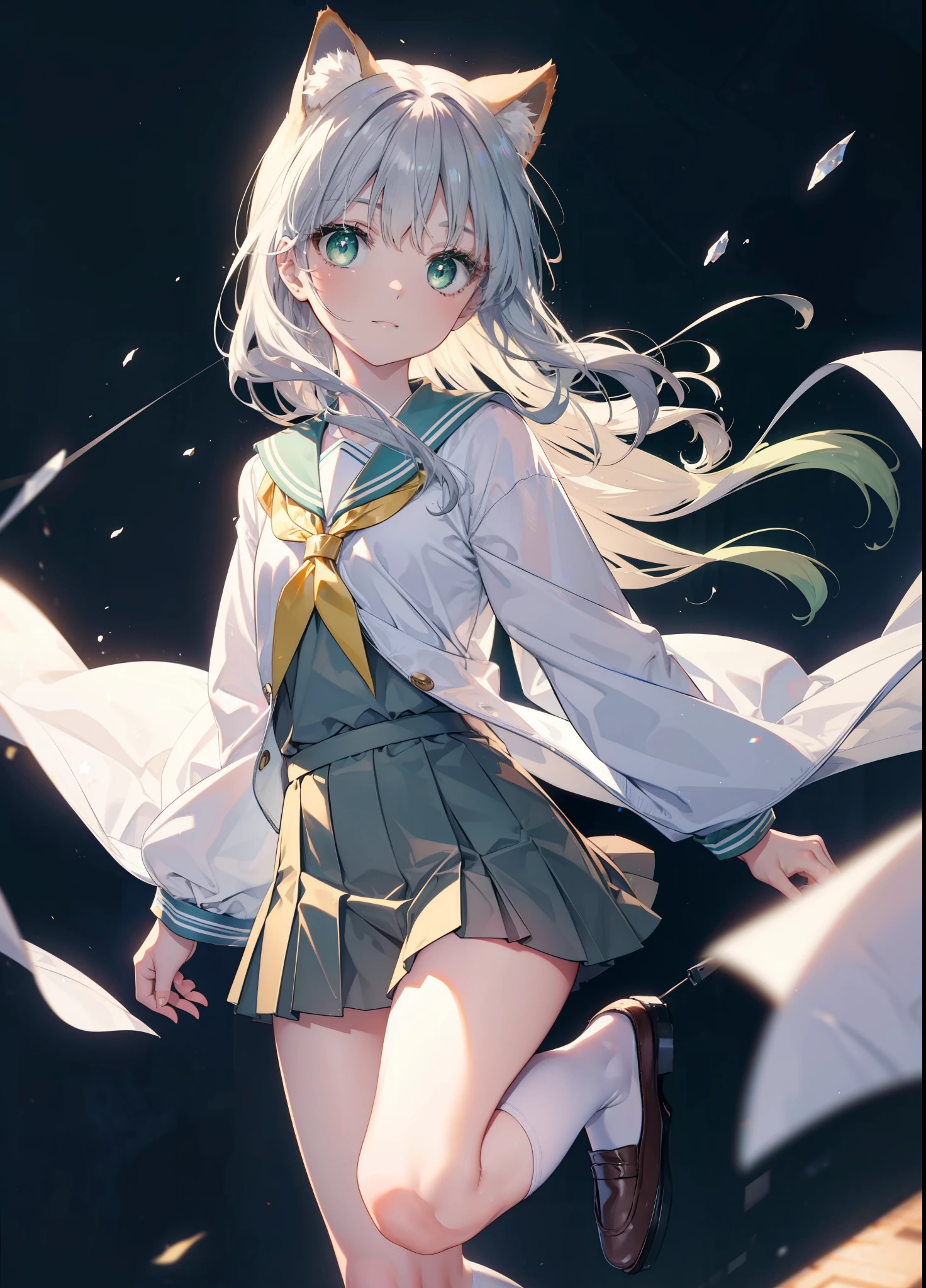 index, index, (green eyes:1.5), silver hair, long hair, (flat chest:1.2),smile,animal ears,Brown cat ears,brown cat tail,Japanese high school girl uniform(sailor suit)white cardigan,blue pleated skirt,short white socks,brown loafers,
break looking at viewer, Upper body, full body,
break outdoors, In town,
break (masterpiece:1.2), highest quality, High resolution, unity 8k wallpaper, (figure:0.8), (beautiful and fine eyes:1.6), highly detailed face, perfect lighting, Very detailed CG, (perfect hands, perfect anatomy),