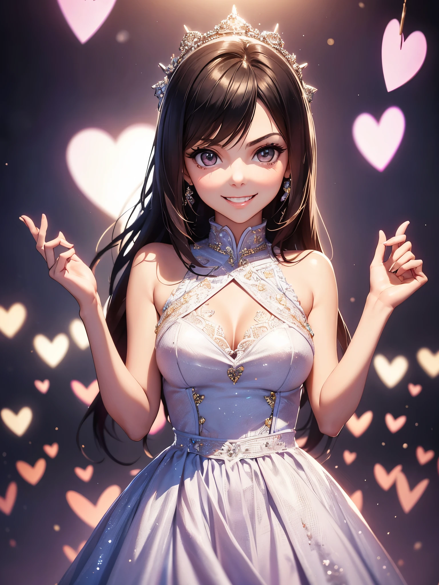 photograph of Victoria Justice, an effortlessly beautiful girl next door wearing a beautiful dress (happy excited smile),, photoreal, hyperrealism, best quality, (natural skin texture, highly detailed face), masterpiece, sharp focus, absurdres, love and hearts decoration,