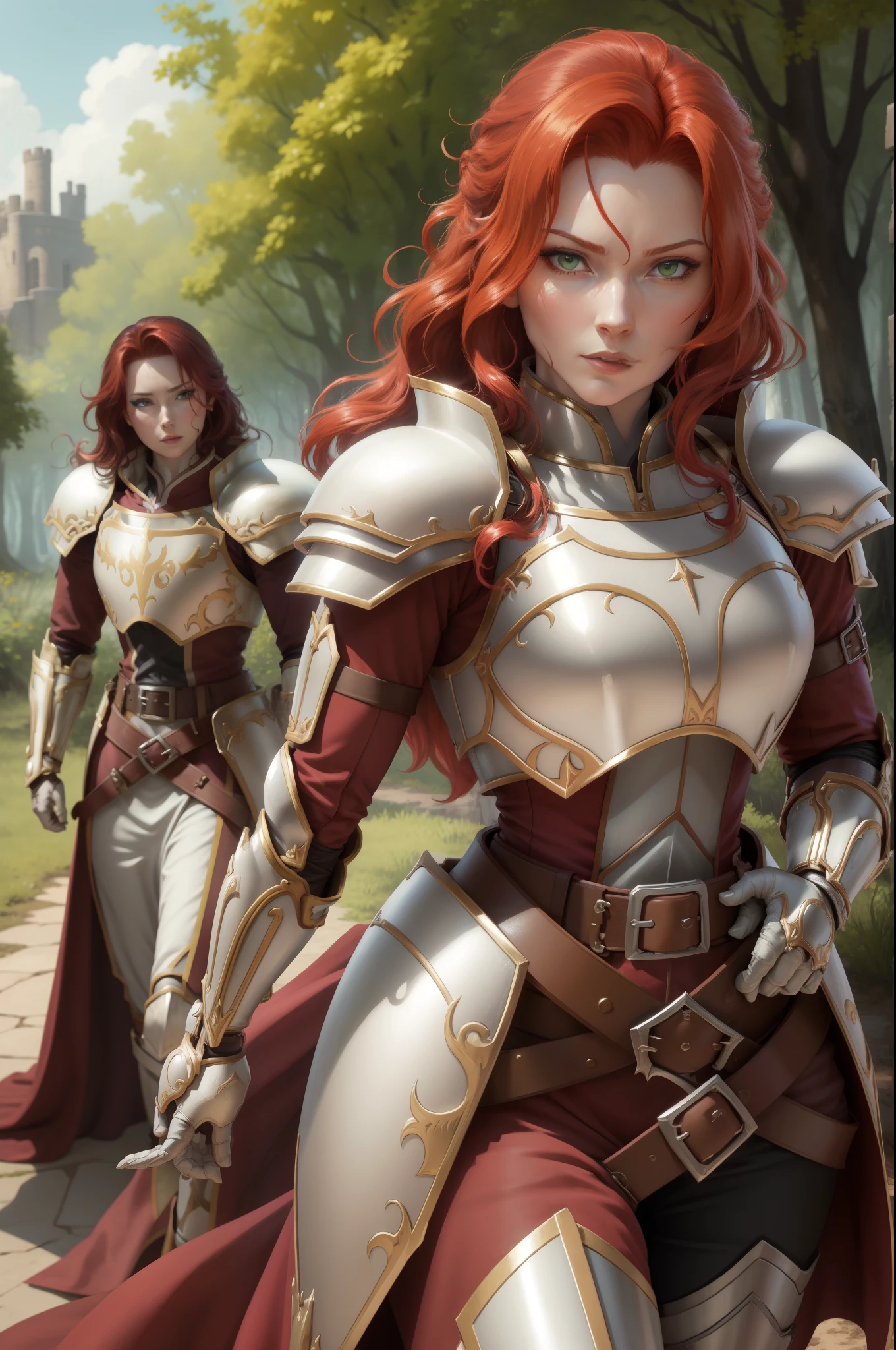 masterpiece, best quality, titania, armor, red dress, belt, gauntlets, gloves, armored boots, forest, looking at viewer, walking, arms at sides, looking at viewer 