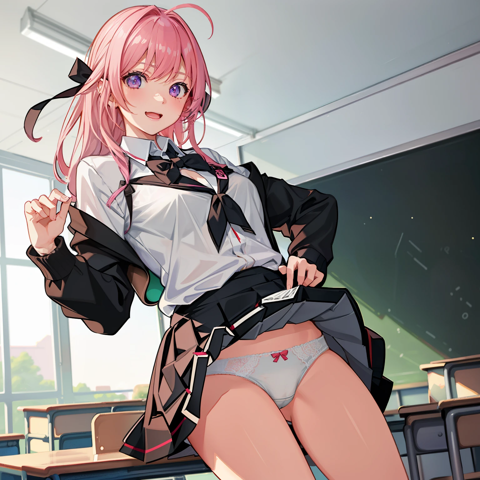 ((1 girl))、laughter、shirt、のskirt、、((fun!))(small breasts)、chiralism、hair、()、(黒いskirt:1.3)、bow, button, 襟の付いたshirt, long sleeve, マイクロskirt, プリーツskirt、(Jacket)、 skirt, socks, thighs, 白い shirt, ((classroom:1.5)),(skirtを掴む:1.5)、 (perfect hands, perfect anatomy),cowboy shot、(skirt lift:1.3),(Very detailed white panties:1.3)、(Very detailed panties:1.3)、、(skirt that rolls up:1.3)、(fully exposed panties:1.5)、