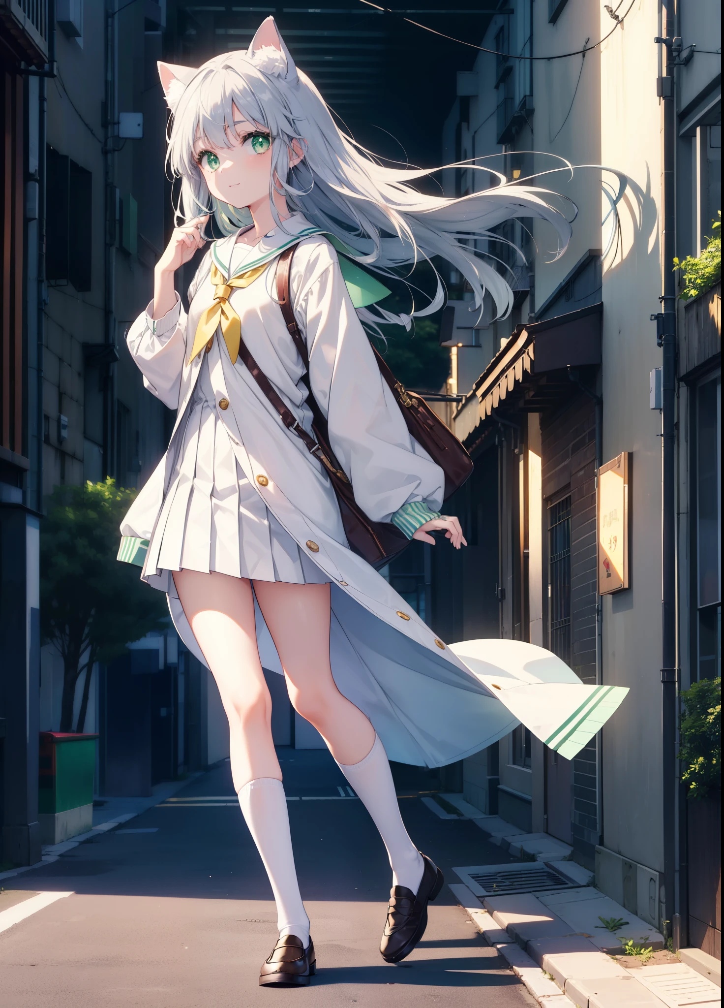 index, index, (green eyes:1.5), silver hair, long hair, (flat chest:1.2),smile,animal ears,Brown cat ears,brown cat tail,Japanese high school girl uniform(sailor suit)white cardigan,blue pleated skirt,short white socks,brown loafers,In town,building street,
break looking at viewer, Upper body, full body,
break outdoors, In town,
break (masterpiece:1.2), highest quality, High resolution, unity 8k wallpaper, (figure:0.8), (beautiful and fine eyes:1.6), highly detailed face, perfect lighting, Very detailed CG, (perfect hands, perfect anatomy),