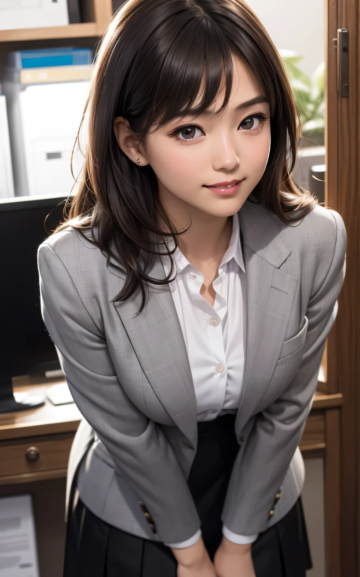 absurderes:2.0、(Blushing、bent over:1.6、cowboy shot:1.6, smile, blunt bang)、japanese actress、cowboy shot、solo, 25 year old woman、realistic, Unity 8K Wallpaper, Masterpiece, Realistic face, Realistic skin feeling ,detailed hair, highly detailed, realistic glistening skin, light makeup, ((gray suit skirt:1.3、gray suit jacket:1.3, curvy, black eyes、))、(In the modern office:1.2)、
