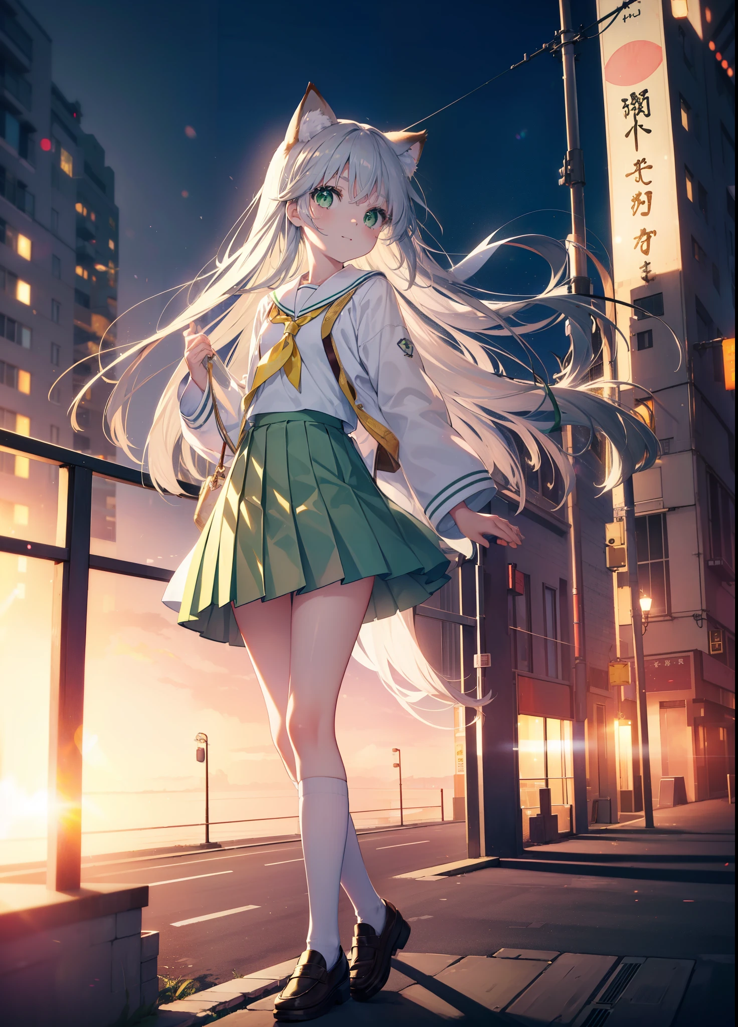 index, index, (green eyes:1.5), silver hair, long hair, (flat chest:1.2),smile,animal ears,Brown cat ears,brown cat tail,Japanese high school girl uniform(sailor suit)white cardigan,blue pleated skirt,short white socks,brown loafers,In town,building street,
break looking at viewer, Upper body, full body,
break outdoors, In town,
break (masterpiece:1.2), highest quality, High resolution, unity 8k wallpaper, (figure:0.8), (beautiful and fine eyes:1.6), highly detailed face, perfect lighting, Very detailed CG, (perfect hands, perfect anatomy),