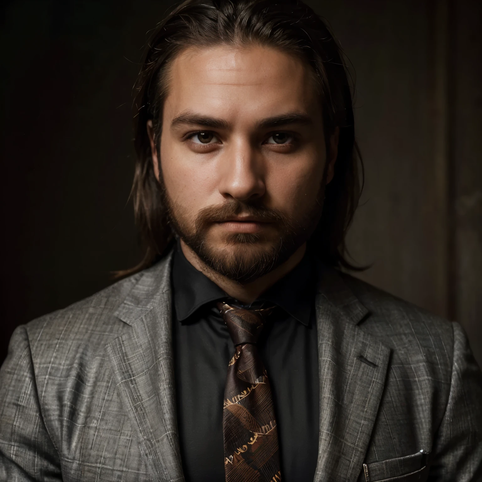 (best quality,highres:1.2),ultra-detailed,realistic,studio lighting,colonial-style,majestic atmosphere,confident expression,sharp focus,deep eyes,resolute lips,perfectly trimmed beard,crisp suit,rich colors,traditional patterned tie,dark contrasting background