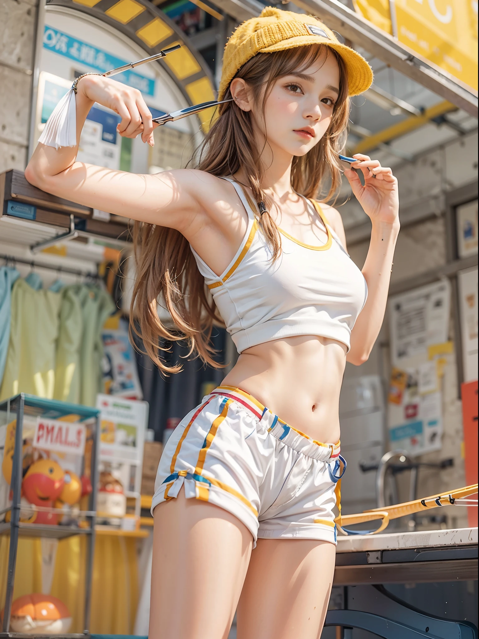 masterpiece, best quality, realistic, colorful, delicate, sharp focus, (PureErosFace_V1:0.5), (detailed beautiful delicate face, high detailed skin, skiny and thin:1.3), 1girl, 19 years old, tall, (smooth_abs:1.55), (abs:0.5), pretty, masterpiece, (long_skinny_legs), (straight_legs), (skinny_waist), (((fair skin))), white skin, bandeau, (school_uniform:swim_suits:0.5), yellow/pink shorts, chestnut brown hair, looking at viewer, yellow/orange sports shoes, glasses, (Emma_watson), big_breast, swimmer, white knit hat, boxer, crop_top, slender_legs