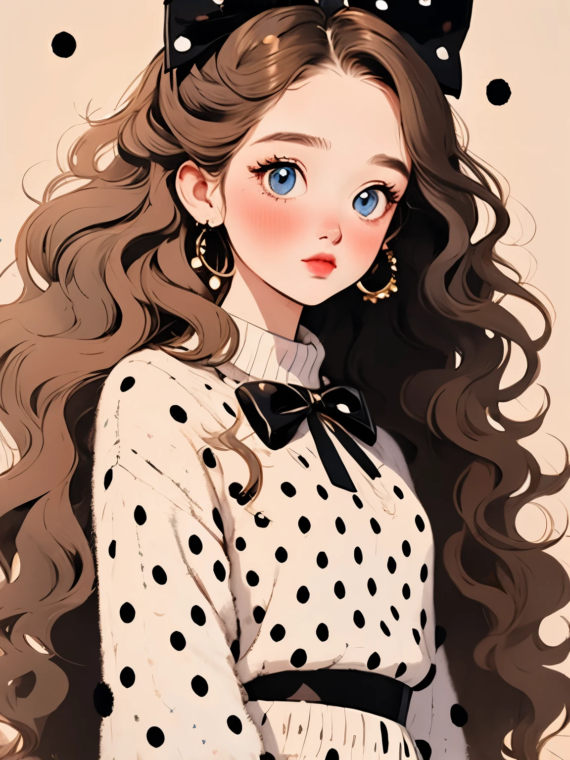 (masterpiece, best quality:1.2),a beautiful girl，Skin detail processing，The eyes are finely described，Delicate hair，wavy long hair，Long light hair，Wear a large bow on your head，Black Sweater，white dots，skirt，Retro contrasting colors，clean background