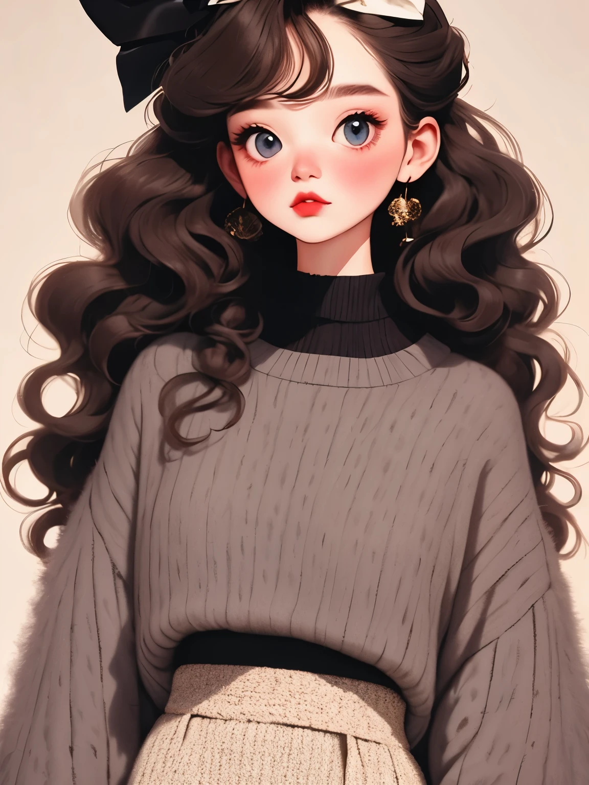 (masterpiece, best quality:1.2),a beautiful girl,Skin detail processing,The eyes are very detailed,fine hair,wavy long hair,light hair,Wear a large bow on your head,Black Sweater,White,skirt,Retro contrasting colors,clean background