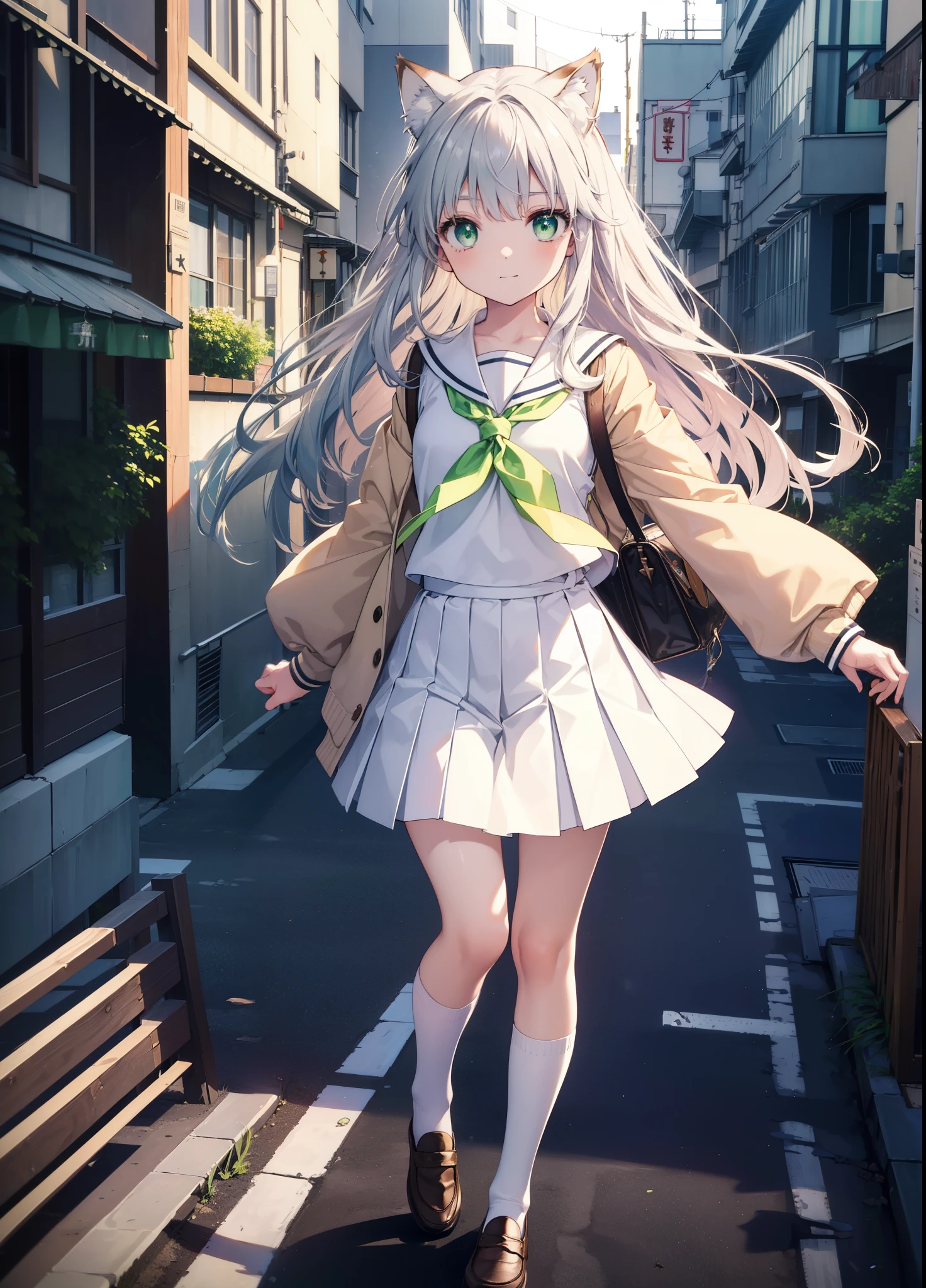 index, index, (green eyes:1.5), silver hair, long hair, (flat chest:1.2),smile,animal ears,Brown cat ears,brown cat tail,Japanese high school girl uniform(sailor suit)white cardigan,blue pleated skirt,short white socks,brown loafers,In town,building street,
break looking at viewer, Upper body, full body,
break outdoors, In town,
break (masterpiece:1.2), highest quality, High resolution, unity 8k wallpaper, (figure:0.8), (beautiful and fine eyes:1.6), highly detailed face, perfect lighting, Very detailed CG, (perfect hands, perfect anatomy),