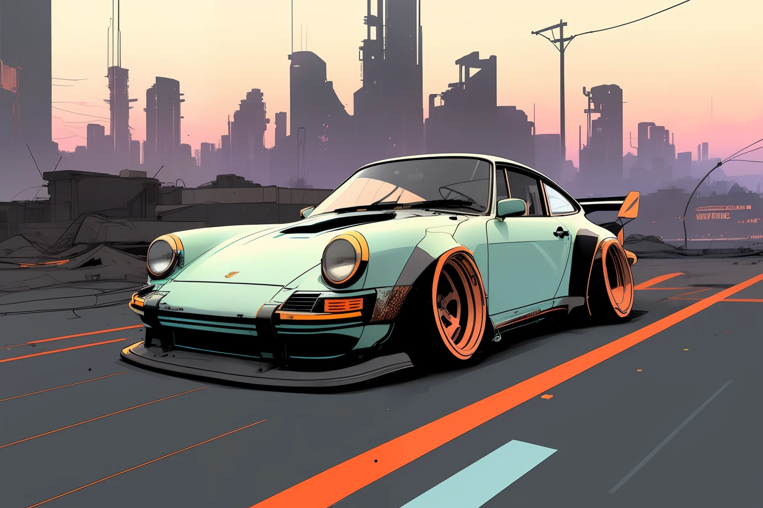 nvinkpunk, painting of Gautam city with a Porsche 911 rwb rotting,wide bodykit, high quality,