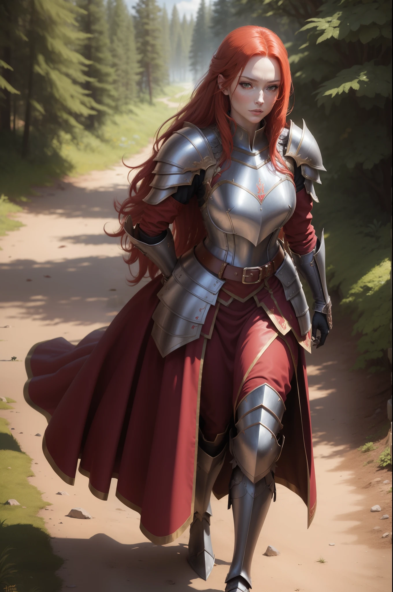 masterpiece, best quality, titania, armor, red dress, belt, gauntlets, gloves, armored boots, forest, looking at viewer, walking, arms at sides, looking at viewer 