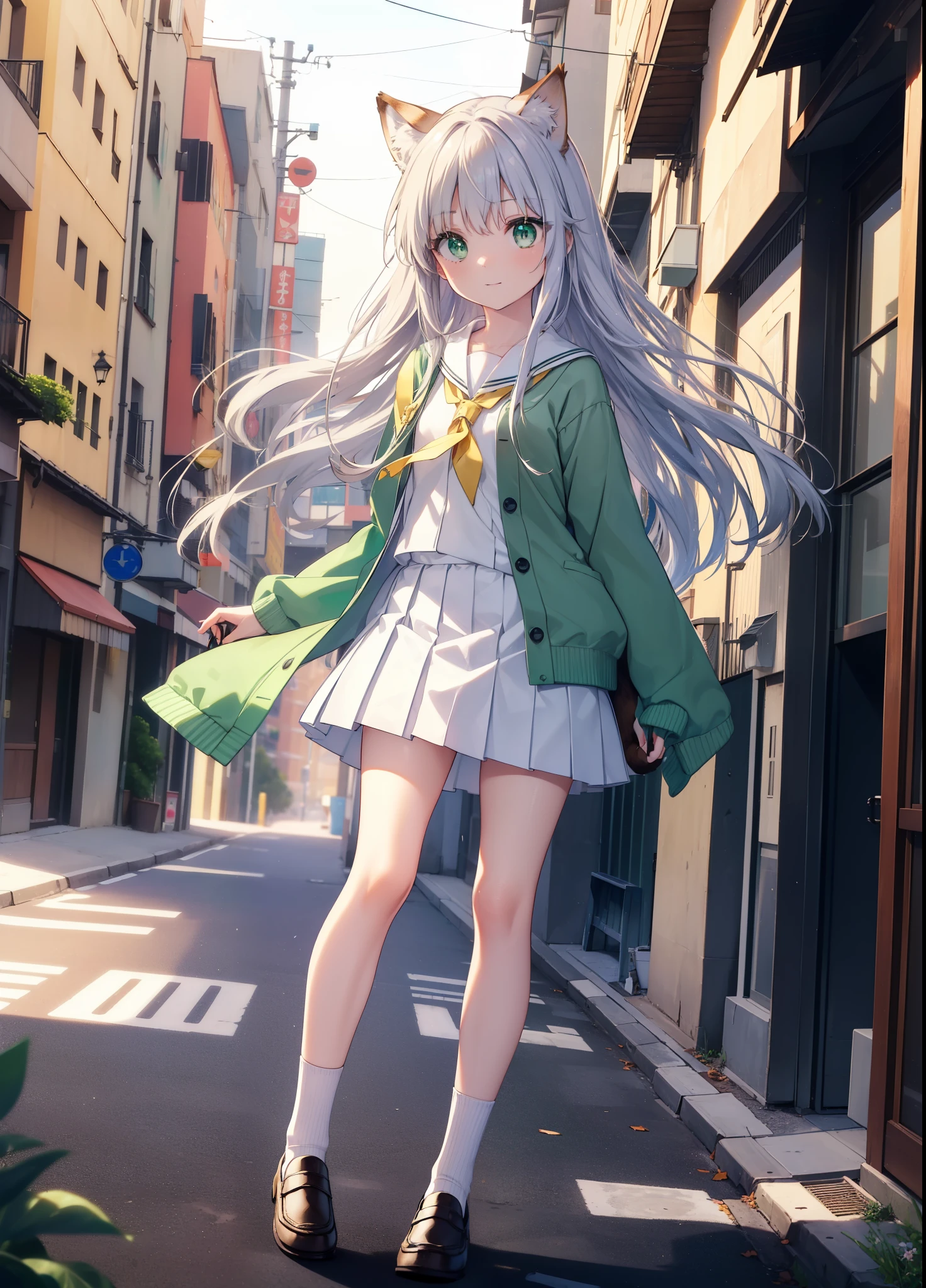 index, index, (green eyes:1.5), silver hair, long hair, (flat chest:1.2),smile,animal ears,Brown cat ears,brown cat tail,Japanese high school girl uniform(sailor suit)white cardigan,blue pleated skirt,short white socks,brown loafers,In town,building street,
break looking at viewer, Upper body, full body,
break outdoors, In town,
break (masterpiece:1.2), highest quality, High resolution, unity 8k wallpaper, (figure:0.8), (beautiful and fine eyes:1.6), highly detailed face, perfect lighting, Very detailed CG, (perfect hands, perfect anatomy),