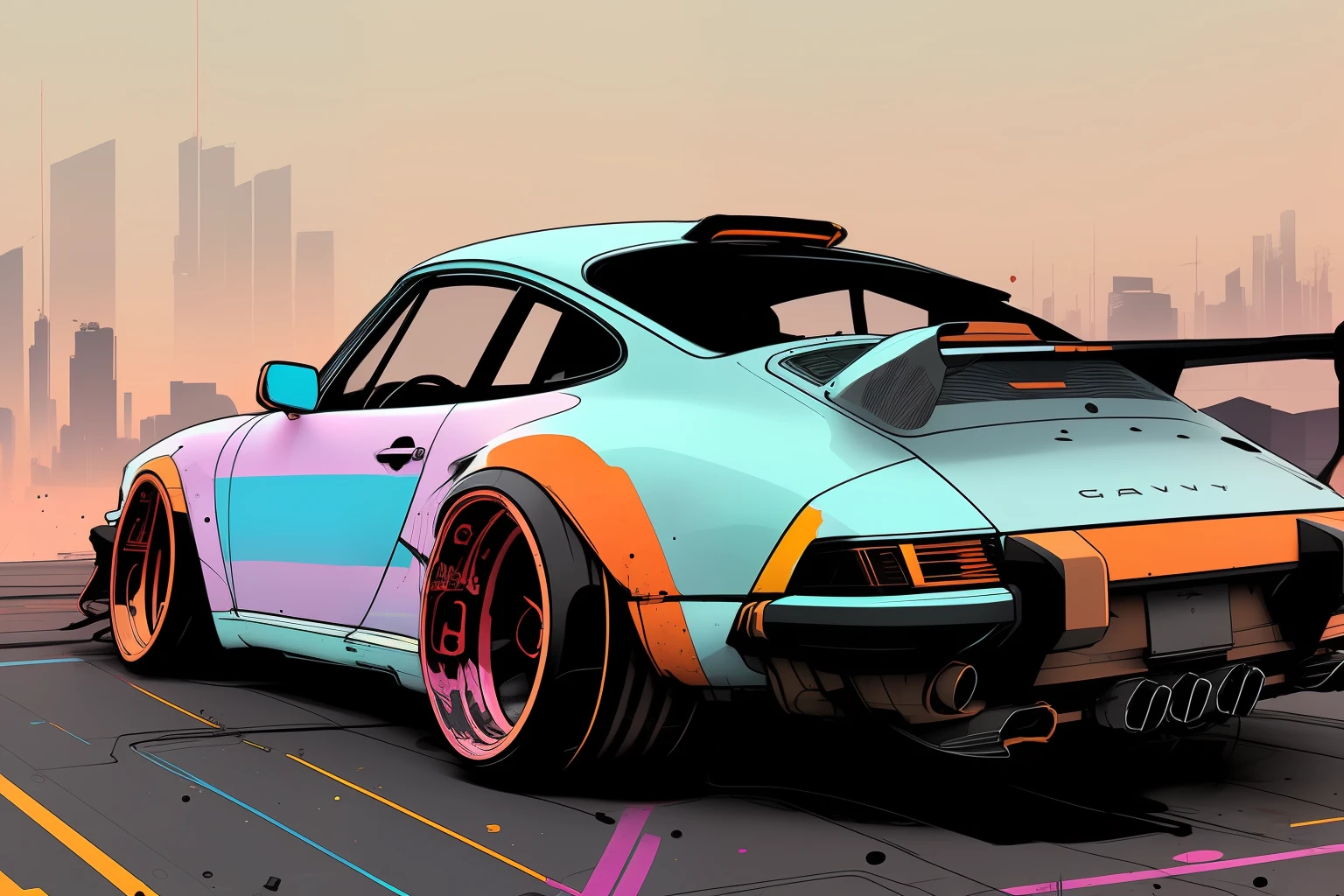 nvinkpunk, painting of Gautam city with a Porsche 911 rwb rotting,wide bodykit, high quality,