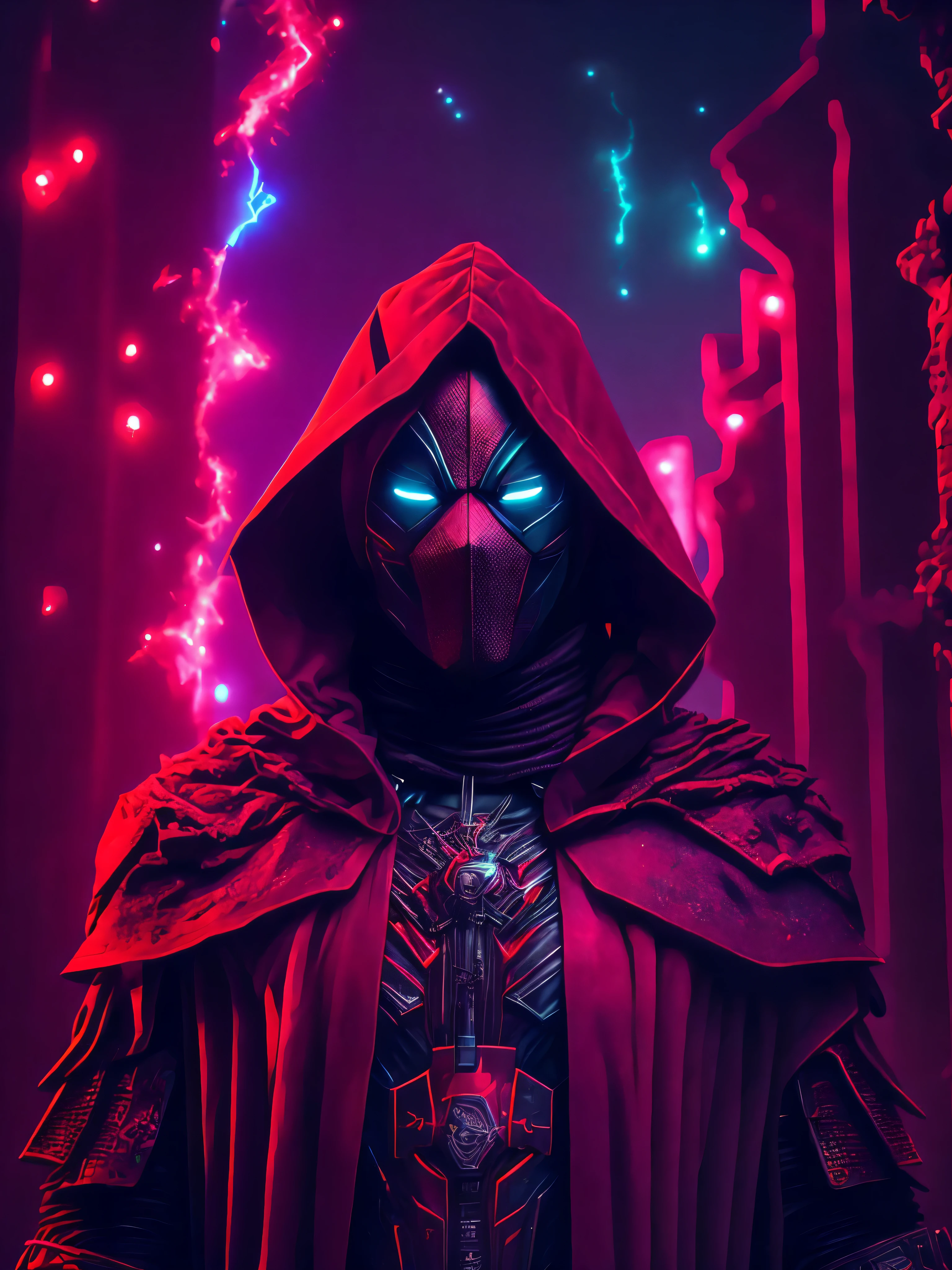 Reaper portrait from Marvel dressed as Deadpool with intricate angular cybernetic implants inside a brutalist building, gothic brutalist graveyard, cyberpunk, Foto premiada, Bokeh, Neon lights, cybernetic, fireworks in the background.