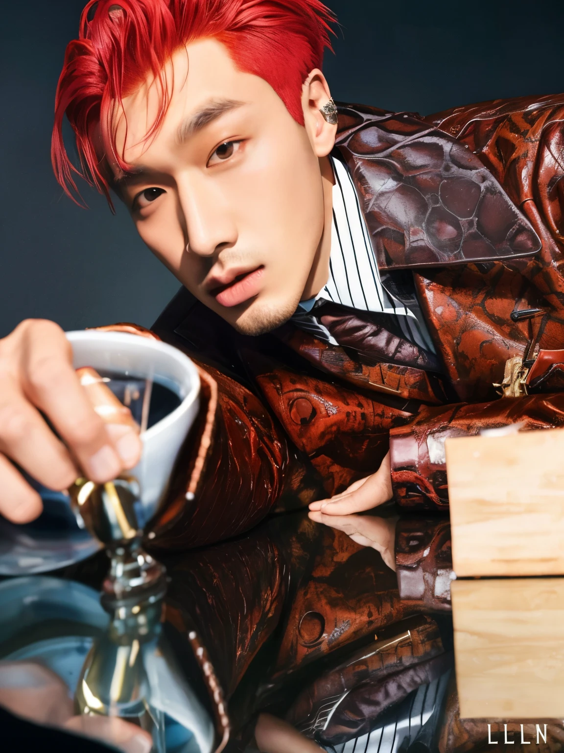 An arafed man with red hair and a brown jacket holds a glass, cai xukun, brillante por la lluvia, hyung tae, key still, jia, Jinyoung Shin, hong junio hyung, kpop idol portrait, editorial oficial de vuitton, TaeJune Kim, sha xi, Photoshoot, editorial oficial de prada, para gq, retrato de jossi de blackpink