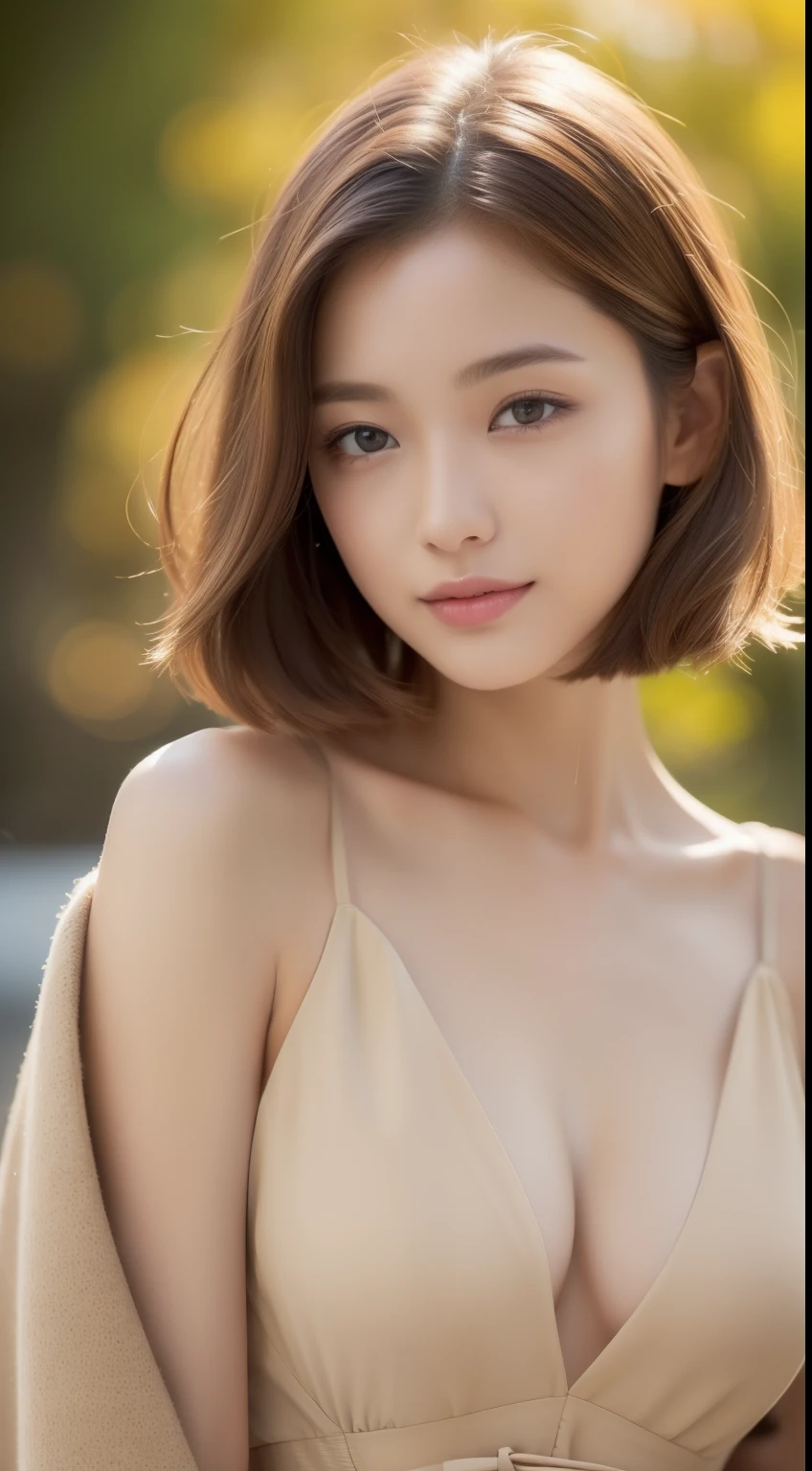 (photographed:1.2)、(Photorealsitic:1.4)、(masterpiece:1.3)、(top-quality:1.4)、超A high resolution、(A detailed eye)、(detailed facial features)、(detailed clothes features)、8K分辨率、solofocus、bangss、Double eyelids、Beautiful lips、toned legs、(Slender girl)、(a japanese girl)、(Japan Faces)、1 girl in、Slim Beauty:1.3、(((Hair color is ash)))、Delicate hair、((The background is a mountain of autumn leaves々))、Lake with autumn leaves reflected、Girl by the lake、(((long beige coat)))、(((White dress)))、(Beautiful breasts:1.2)、Realistic body、de pele branca、Slim body、(short-hair:1.3)、(bangss: 1.2)、Bruising smile、kawaii faces、Lifelike face、Delicate body、((sexy pose))、stunning lighting