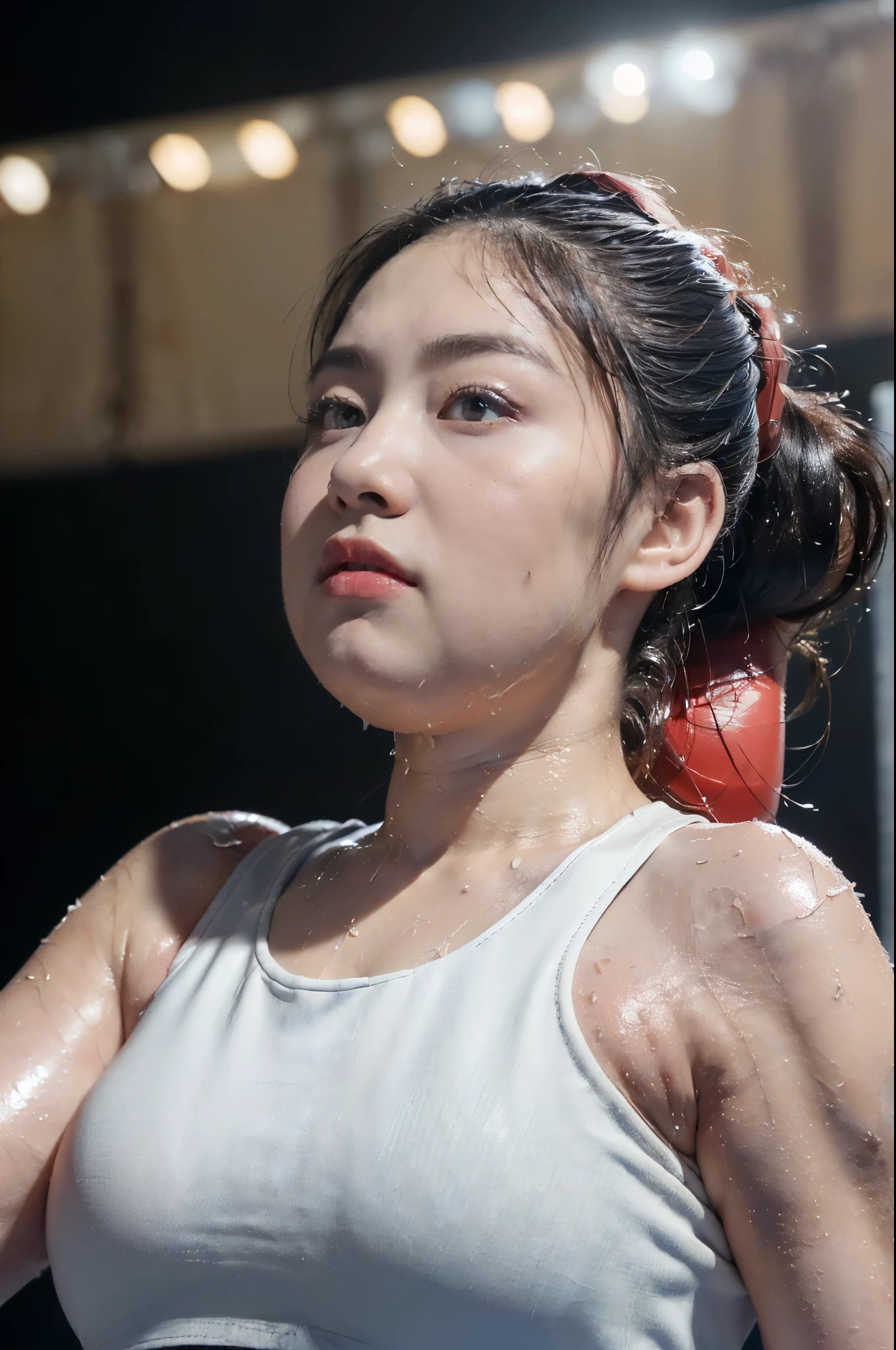 ((((8k))),((Extremely meticulous CG)) ,(wallpaper),16k,((Extremely refined and beautiful)),(((Masterpiece))),(((best qualtiy))),(((Ultra High Resolution))),beautiful light up,Perfect lightning,realistic shaded,(Smooth and flawless fair skin:1.5),(pale skin:1.3),Extremely exquisite facial details,(perfect body:1.1),ultra-detailed,A girl,solo,(small head:1.2),(short ponytail:1.1),(detailed eyes:1.2),(bloated:1.5),(huge face:1.5),(fat face:1.5),(round face:1.5),(double chin:1.3),(Exquisite makeup:1.2),(shiny skin:1.5),(sweat:1.5),(wet:1.5),(small breasts:1.5),(flat chests:1.5),(fat:1.5),(obese:1.5),(over weight:1.5),(plump:1.5),(serious:1.3),(angry:1.3),(Red long tank top covering the navel:1.5),(boxing gloves:1.5),(big belly:1.5),(night scene:1.5),indoor,(In a spacious sports stadium:1.5),(On the boxing ring:1.5),(detailed background:1.5),(standing:1.2),(Combat posture:1.3),(ready to fight:1.2),(close-up of face:1.3),(from front:1.3),(bright light:1.3),(The stands are full filled with crowded crowds:1.5),(extremely lively atmosphere:1.3)