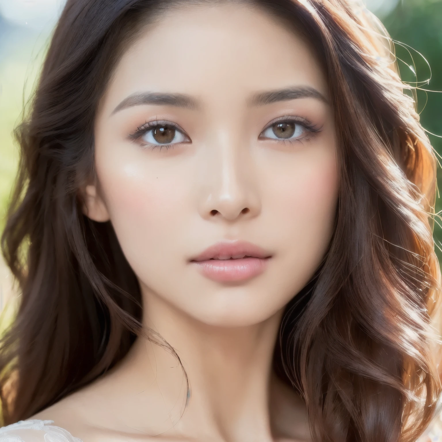 (Beautiful, Ultra-high definition, Masterpiece, Cantik: 1.4), (Highly detailed), (30-year-old woman: 1.2), (Close-up portrait: 1.3), (Radiant complexion, glowing skin: 1.3), Soft focus, (Alluring eyes, captivating gaze: 1.5), Long, wavy hair, (Delicate features, elegant face shape: 1.1), (Adorned with natural makeup, subtle blush: 1.2), (Sitting in natural light, relaxed posture: 1.1)