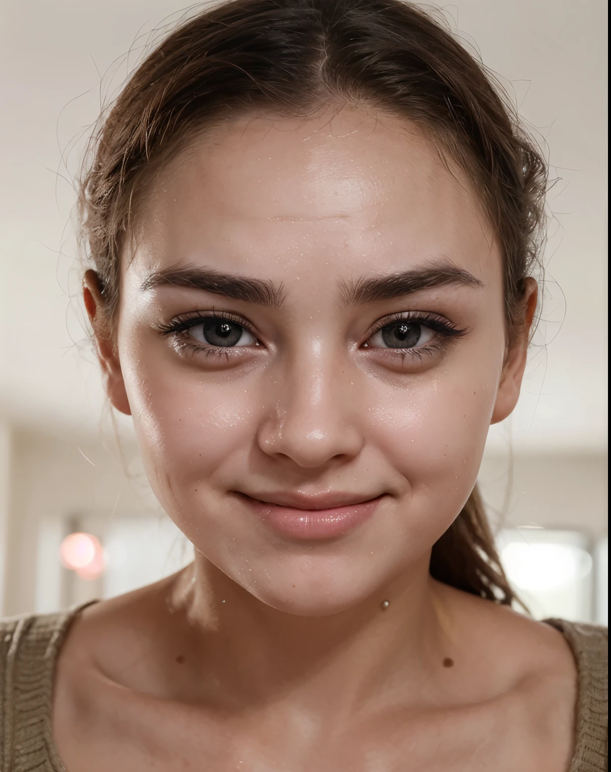 The girl's eyes are wide open, shiny, with dilated pupils.  Her lips are parted, moist, and her cheeks are blushing.  Wrinkles on the forehead and near the eyes indicate stress, and the eyebrows are slightly raised.  Her face expresses happiness, excitement and anticipation.