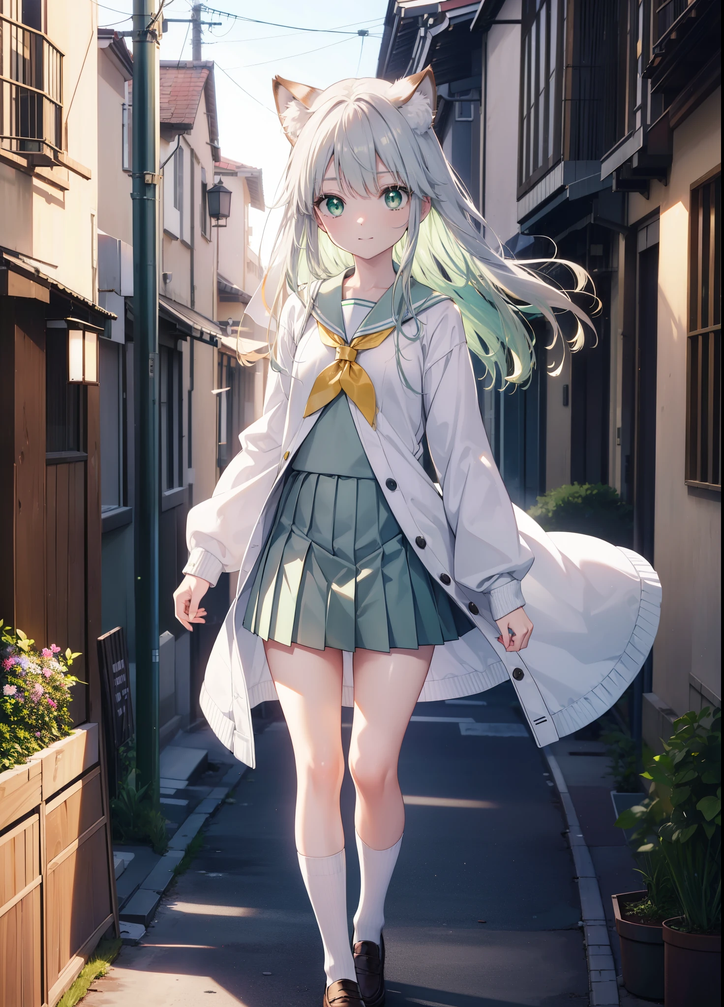 index, index, (green eyes:1.5), silver hair, long hair, (flat chest:1.2),smile,animal ears,Brown cat ears,brown cat tail,Japanese high school girl uniform(sailor suit)white cardigan,blue pleated skirt,short white socks,brown loafers,In town,building street,
break looking at viewer, Upper body, full body,
break outdoors, In town,
break (masterpiece:1.2), highest quality, High resolution, unity 8k wallpaper, (figure:0.8), (beautiful and fine eyes:1.6), highly detailed face, perfect lighting, Very detailed CG, (perfect hands, perfect ???????),