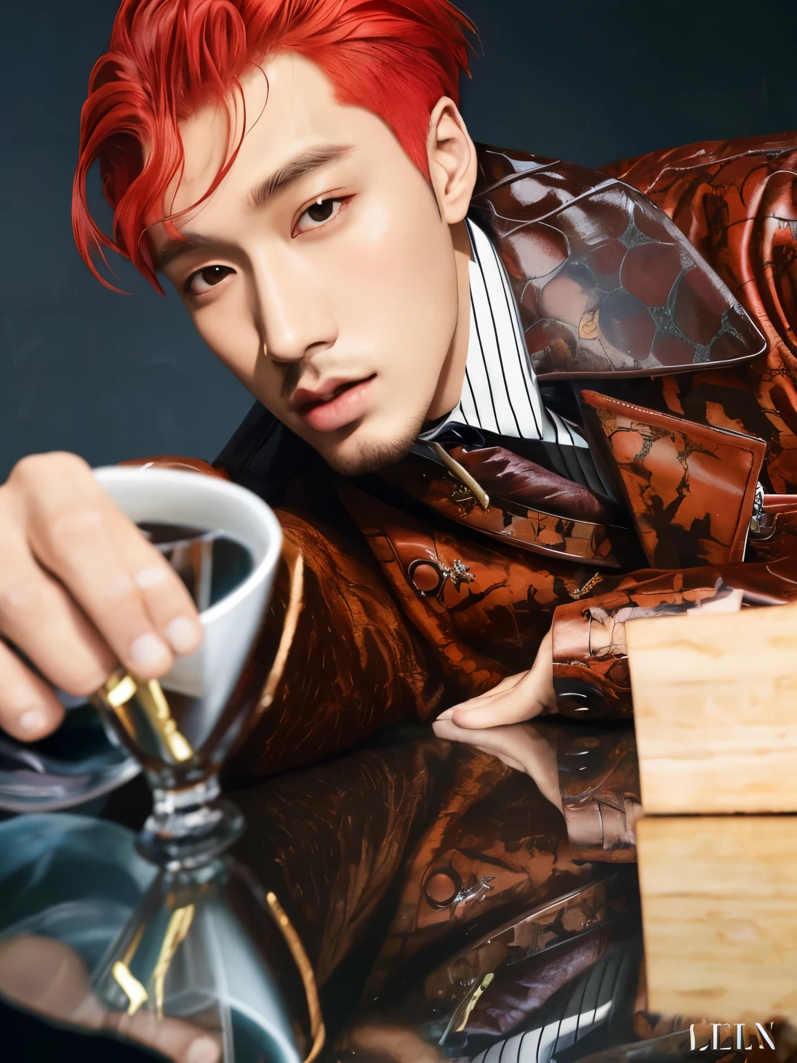 An arafed man with red hair and a brown jacket holds a glass, cai xukun, brillante por la lluvia, hyung tae, key still, jia, Jinyoung Shin, hong junio hyung, kpop idol portrait, editorial oficial de vuitton, TaeJune Kim, sha xi, Photoshoot, editorial oficial de prada, para gq, retrato de jossi de blackpink