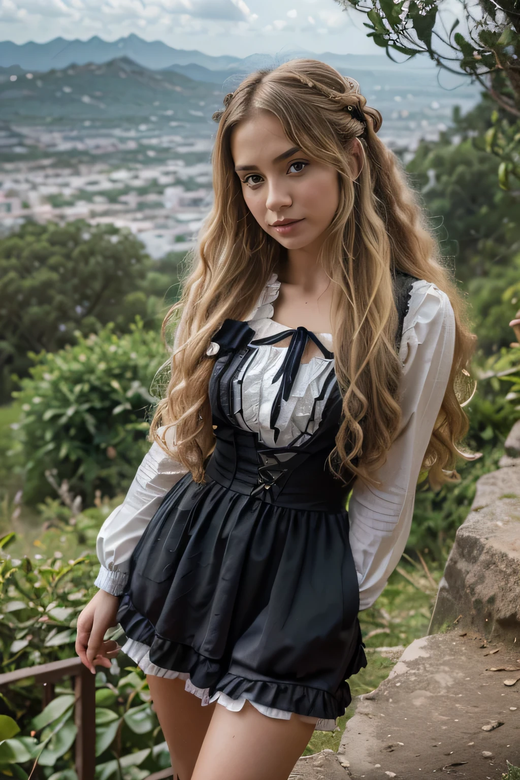 A Victorian girl, blonde wavy hair, (calidad media, 1080 megapixels, media Resolucion, half resolution:1.2), (profesional, realista, fotorrealista:1.37), in the mountias, standing on the top of a mountian (energetic), (con auriculares puestos)