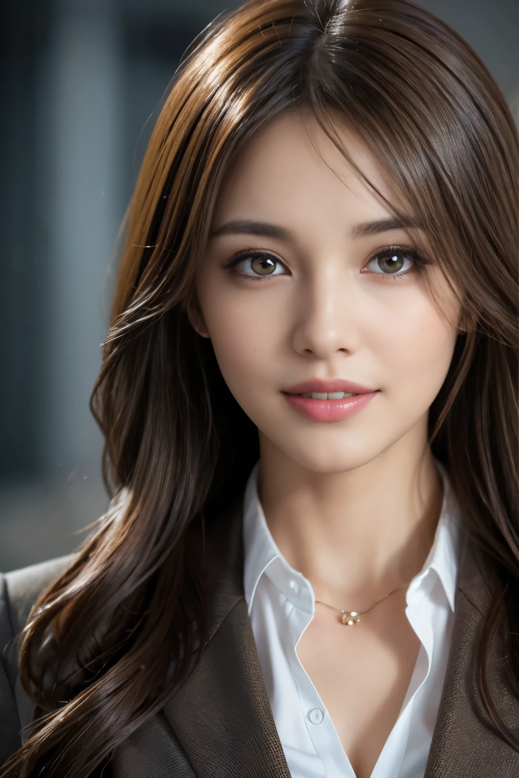 table top, highest quality, realistic, Super detailed, finely, High resolution, 8k wallpaper, 1 beautiful woman,, light brown messy hair, wearing a business suit, sharp focus, perfect dynamic composition, beautiful and detailed eyes, thin hair, Detailed realistic skin texture, smile, close-up portrait, model body shape