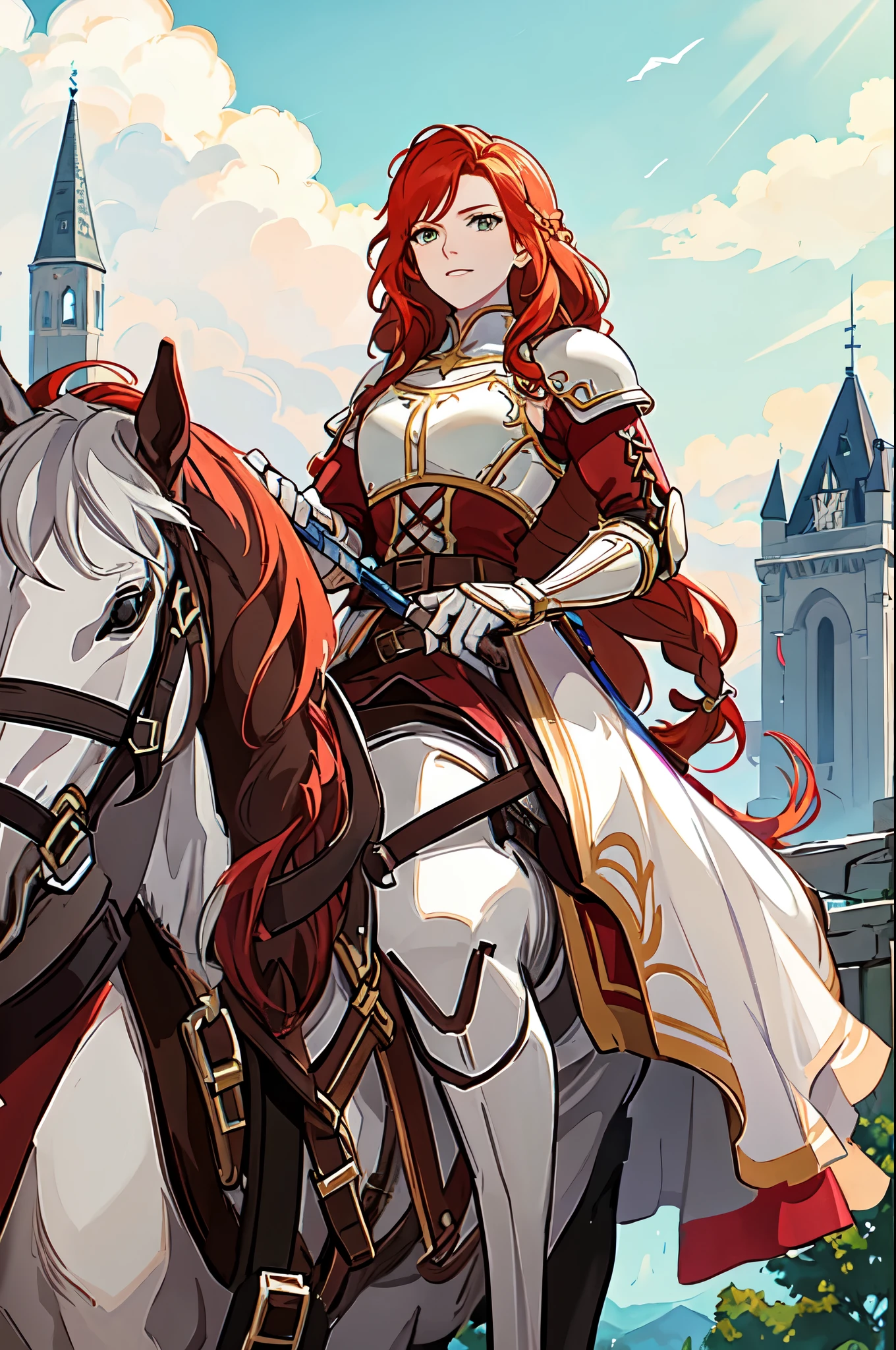 titania, 1horse, white horse, (riding a horse:1.2), braided ponytail, armor, red dress, belt, gauntlets, gloves, armored boots, from below, backlit, silhouette, lens flare, looking down at viewer, fortress, tower, stone fortress, banners, medieval, spear, holding, holding spear, lance, holding weapon