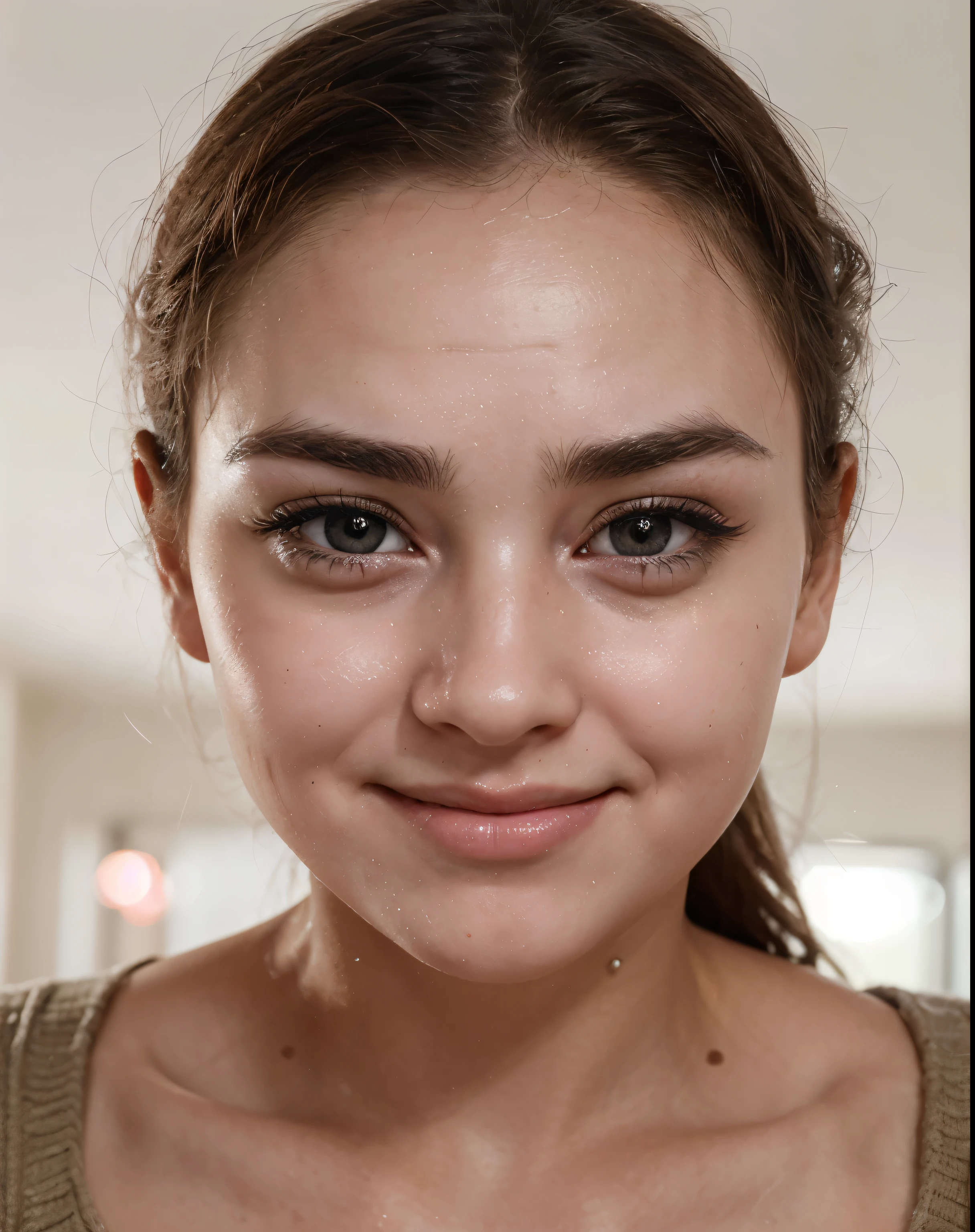The girl's eyes are wide open, shiny, with dilated pupils. Her lips are parted, moist, and her cheeks are blushing. Wrinkles on the forehead and near the eyes indicate stress, and the eyebrows are slightly raised. Her face expresses happiness, excitement and anticipation.