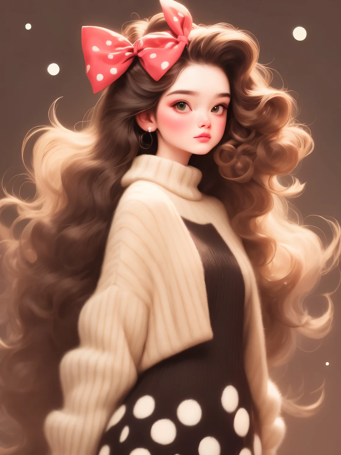 (masterpiece, best quality:1.2),a beautiful girl，Skin detail processing，The eyes are finely described，Delicate hair，wavy long hair，Long light hair，Wear a large bow on your head，Black Sweater，white dots，skirt，green，clean background