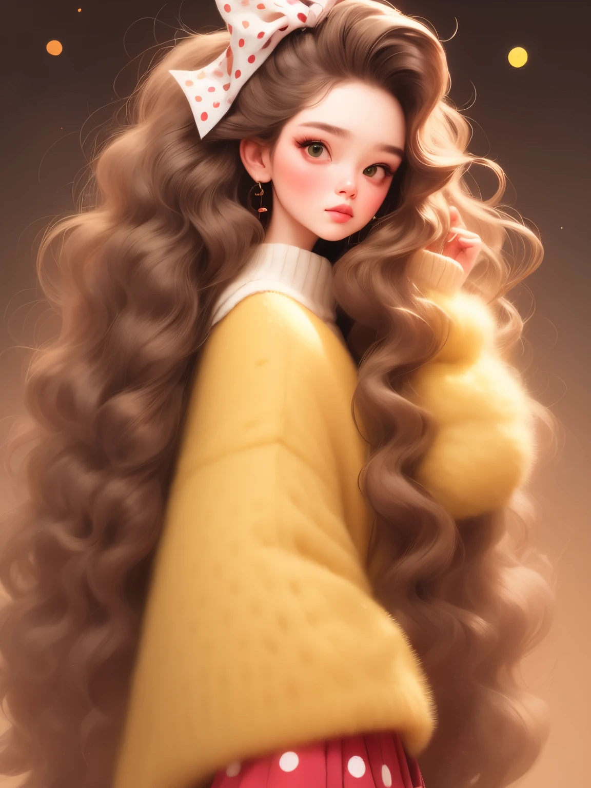 (masterpiece, best quality:1.2),a beautiful girl，Skin detail processing，The eyes are finely described，Delicate hair，wavy long hair，Long light hair，Wear a large bow on your head，Black Sweater，white dots，skirt，Retro contrasting colors，clean background
