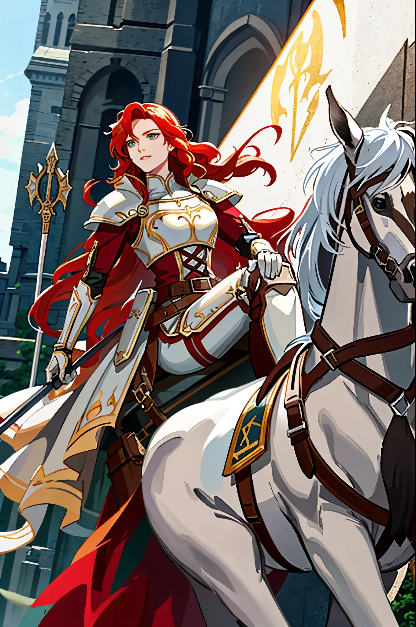 titania, 1horse, white horse, (riding a horse:1.2), braided ponytail, armor, red dress, belt, gauntlets, gloves, armored boots, from below, backlit, silhouette, lens flare, looking down at viewer, fortress, tower, stone fortress, banners, medieval, spear, holding, holding spear, lance, holding weapon