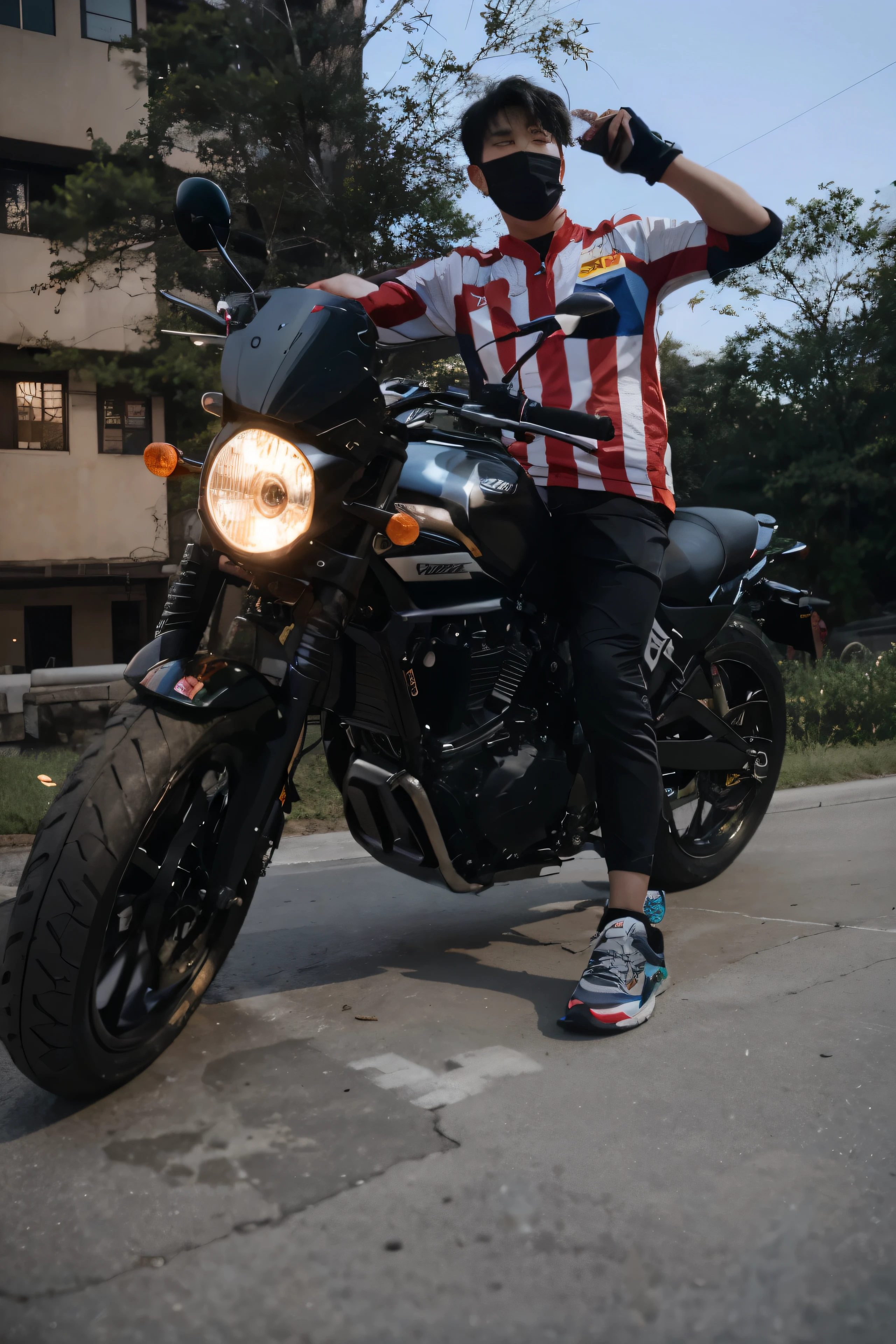 Acute Korean boy on the bike aesthetic hyper realistic cinematic photo with higher resolution perfect face shape