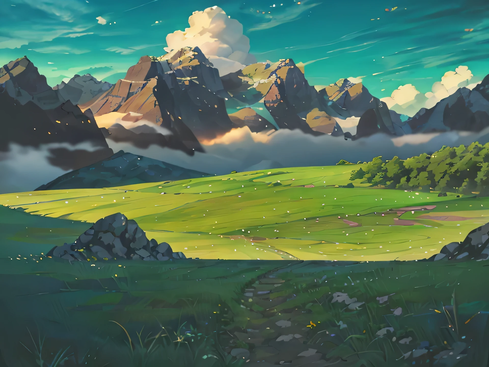 side scrolling game background, vibrant, grass, trees, jungle, blue skies, (illustration: 1.0), epic composition, realistic lighting, HD details, masterpiece, best quality, (very detailed CG unified 8k wallpaper)