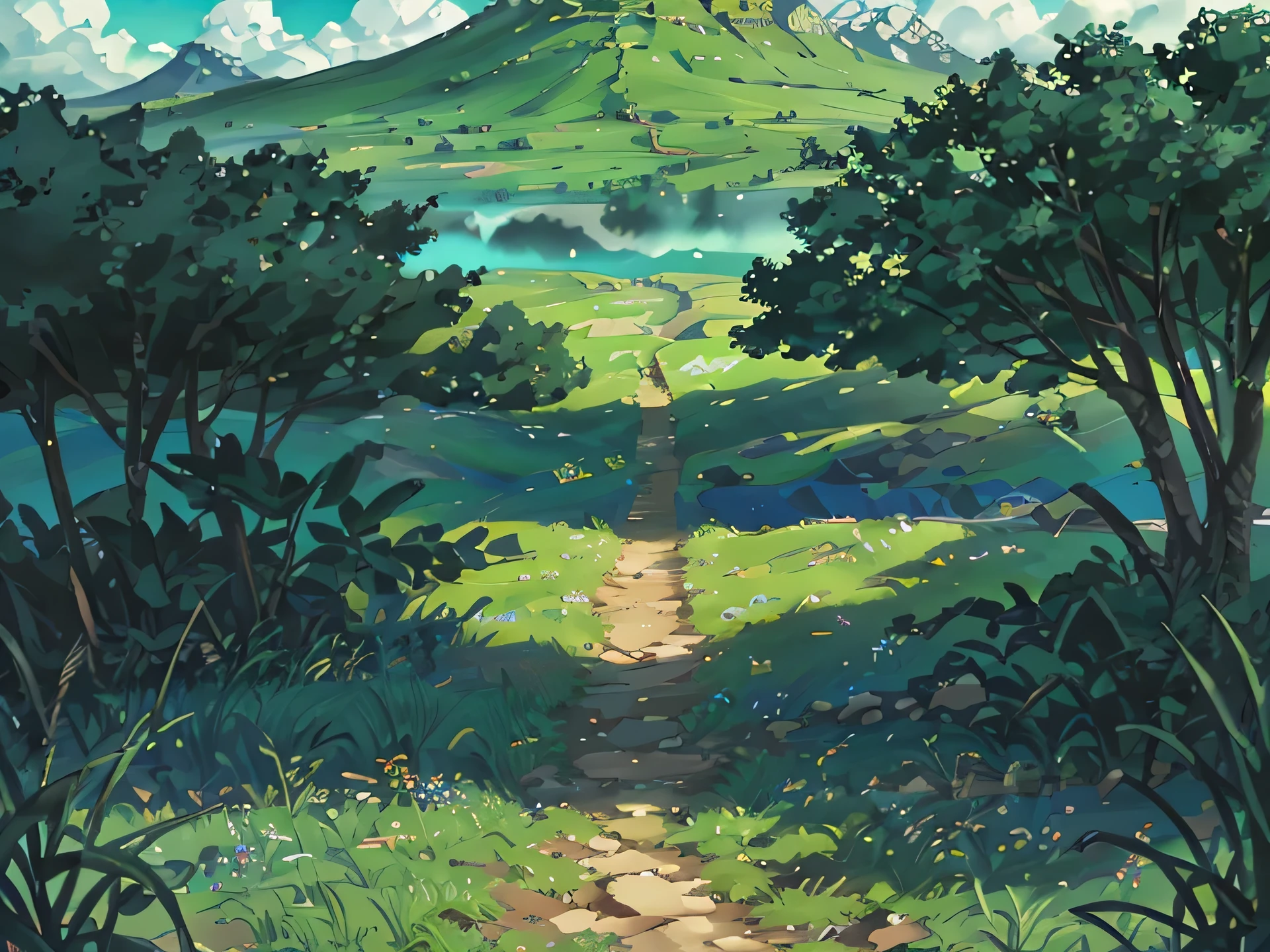 side scrolling game background, vibrant, grass, trees, jungle, blue skies, (illustration: 1.0), epic composition, realistic lighting, HD details, masterpiece, best quality, (very detailed CG unified 8k wallpaper)