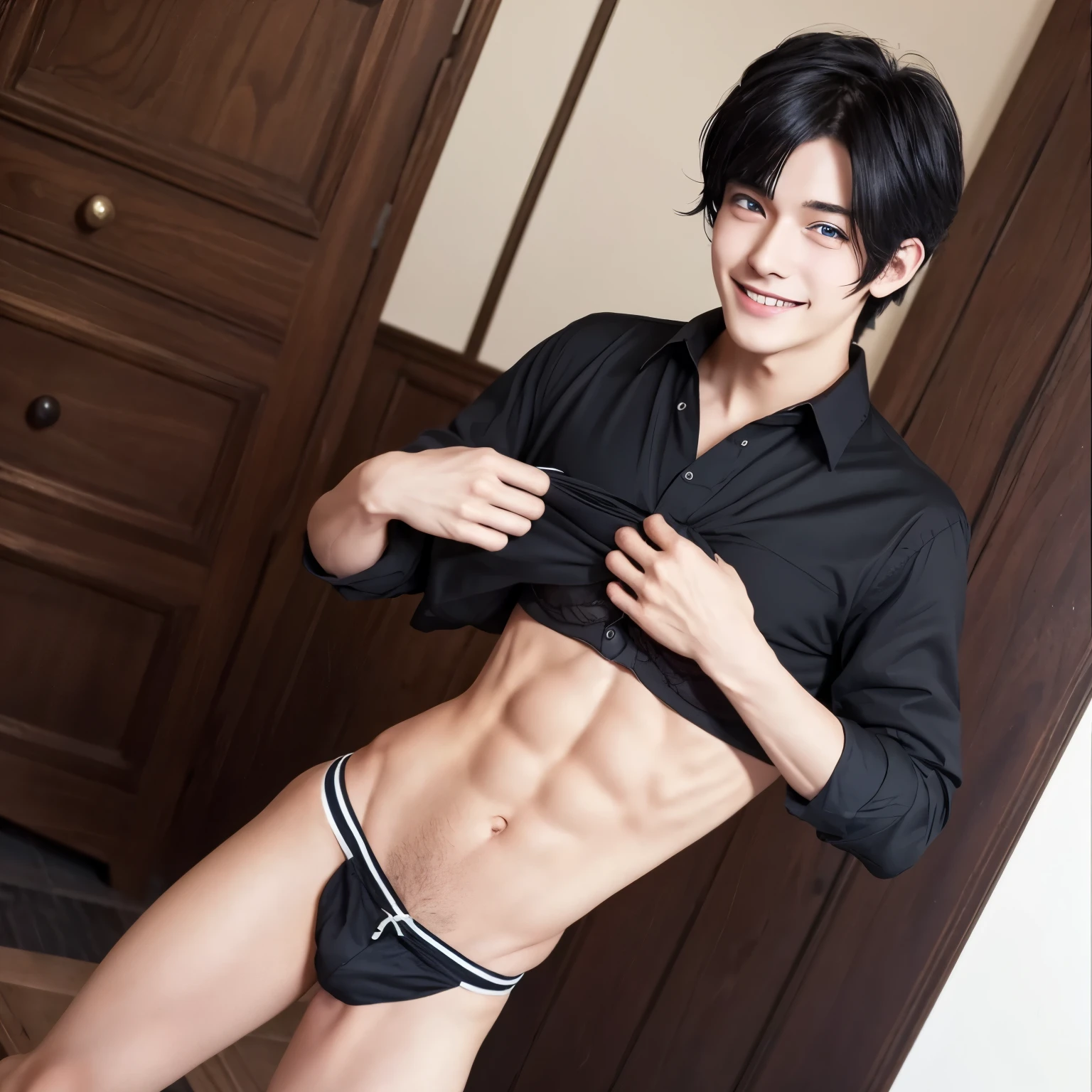 Young guy, black hair, blue eyes, thin bra, short shorts, holding himself ass with his hands, lustful smile on his face, anime style.